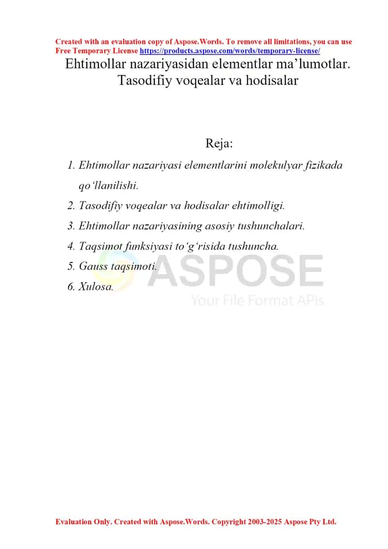 Ehtimollar nazariyasidan elementlar ma’lumotlar. Tasodifiy voqealar va hodisalar
