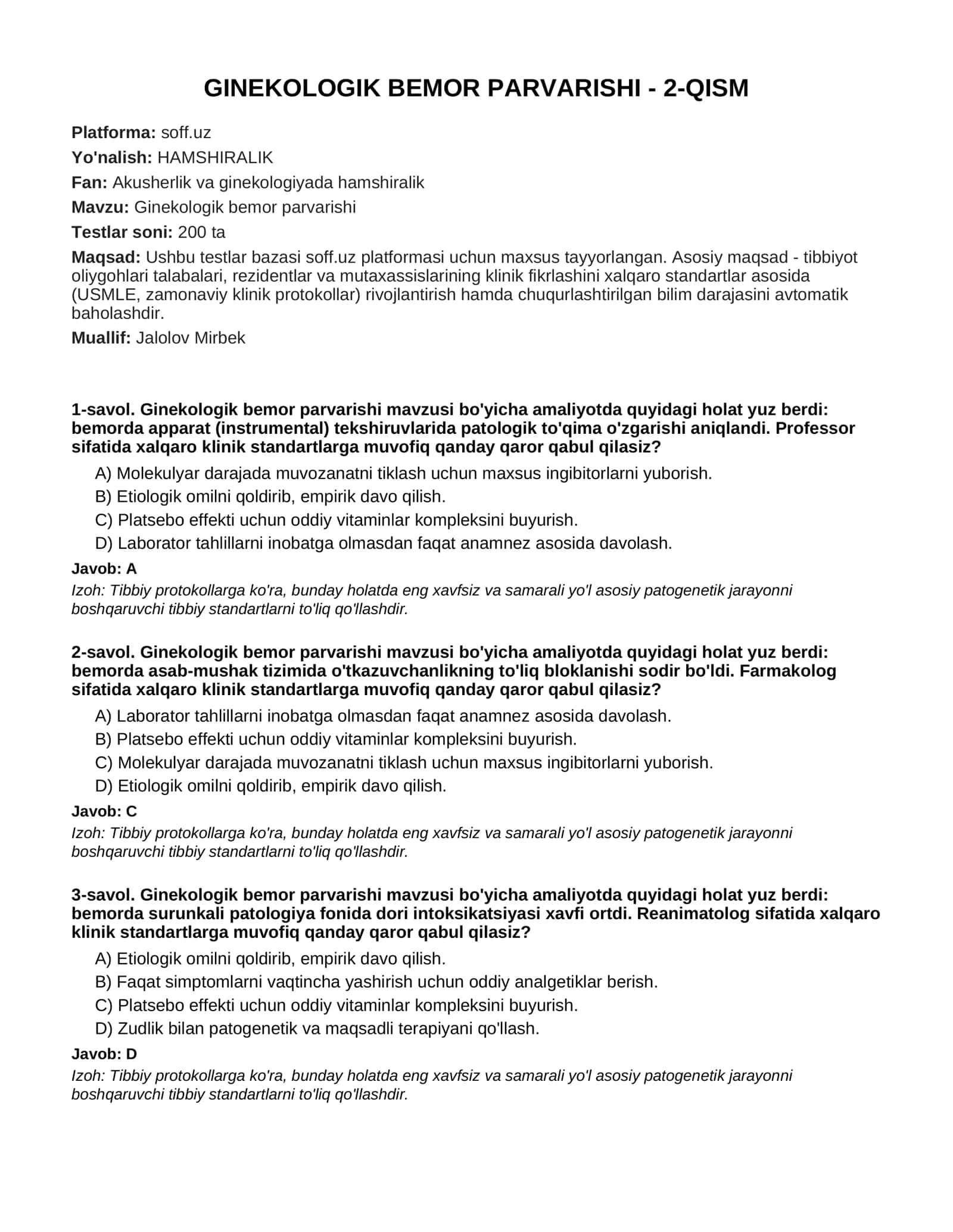 GINEKOLOGIK BEMOR PARVARISHI - 2-QISM