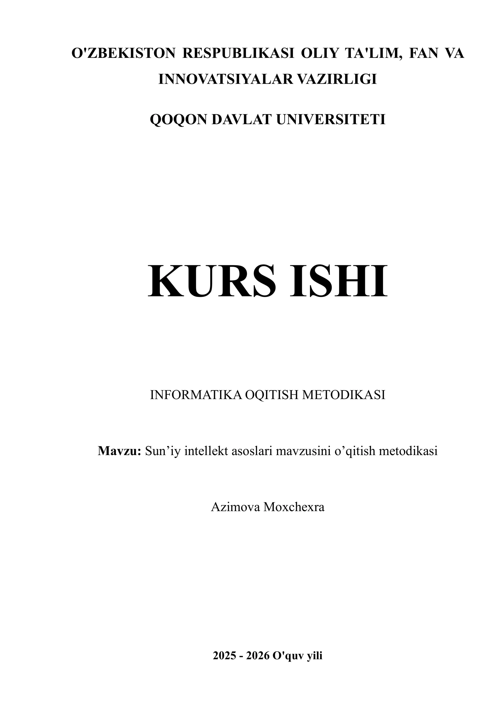 Sun’iy intellekt asoslari mavzusini o’qitish metodikasi