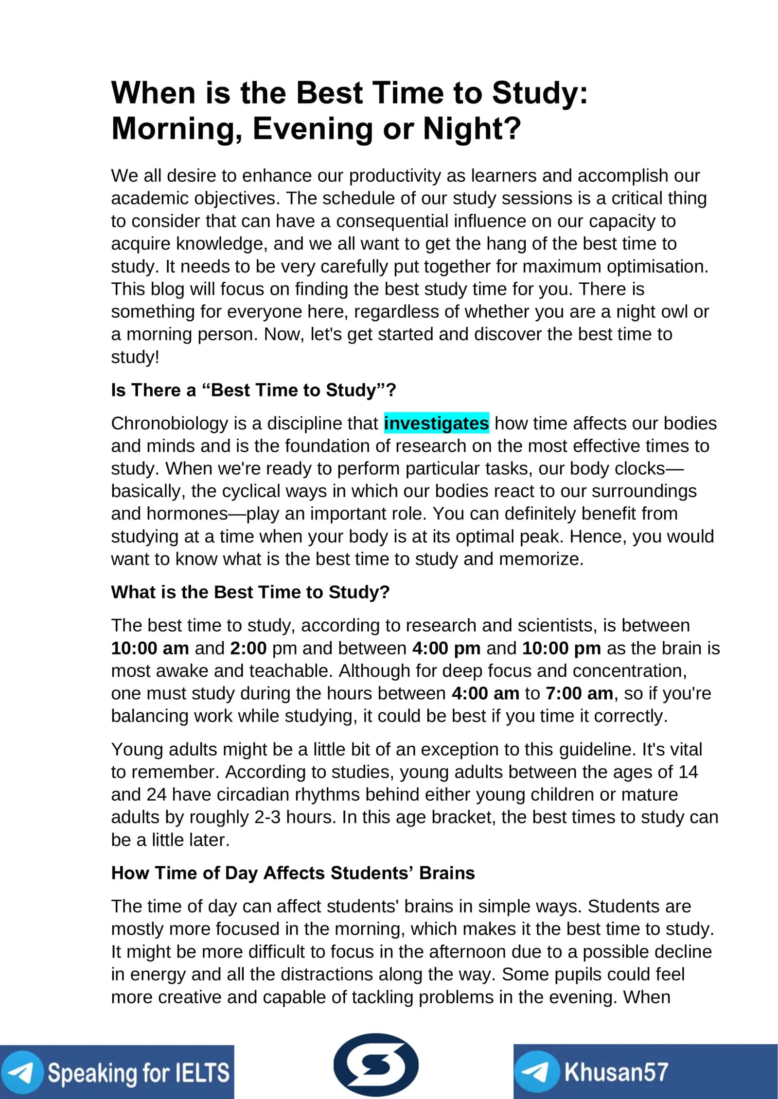 When is the Best Time to Study: Morning, Evening or Night?