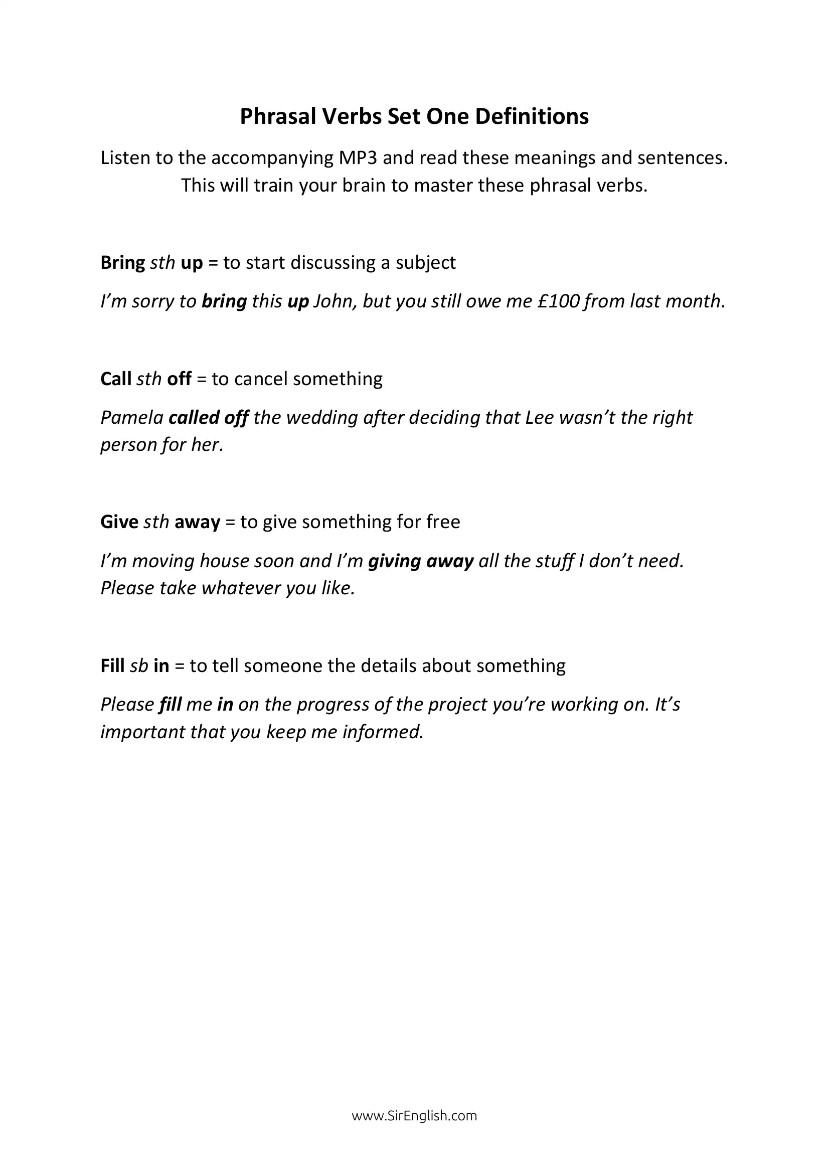 Phrasal Verbs Set One Definitions