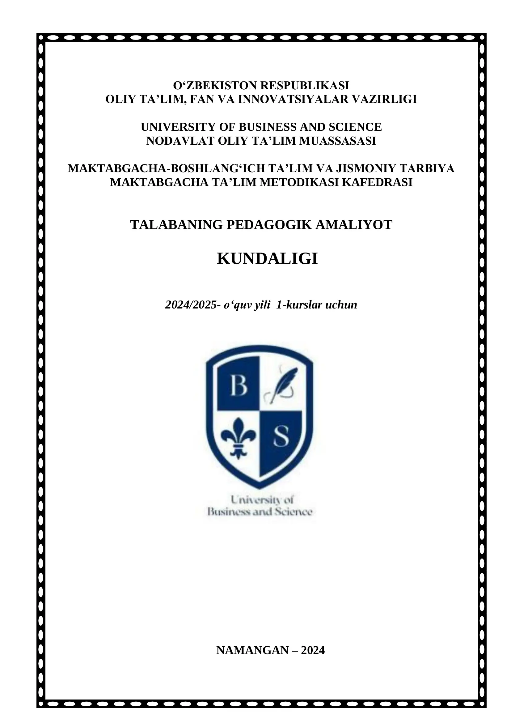 Talabalar uchun pedagogik amaliyot kunlik