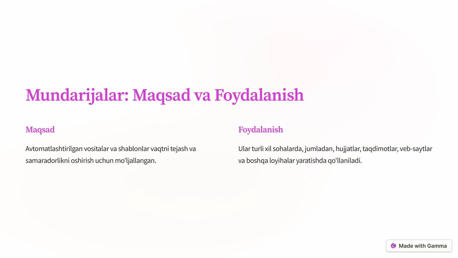 Mundarijalar: Maqsad va Foydalanish
