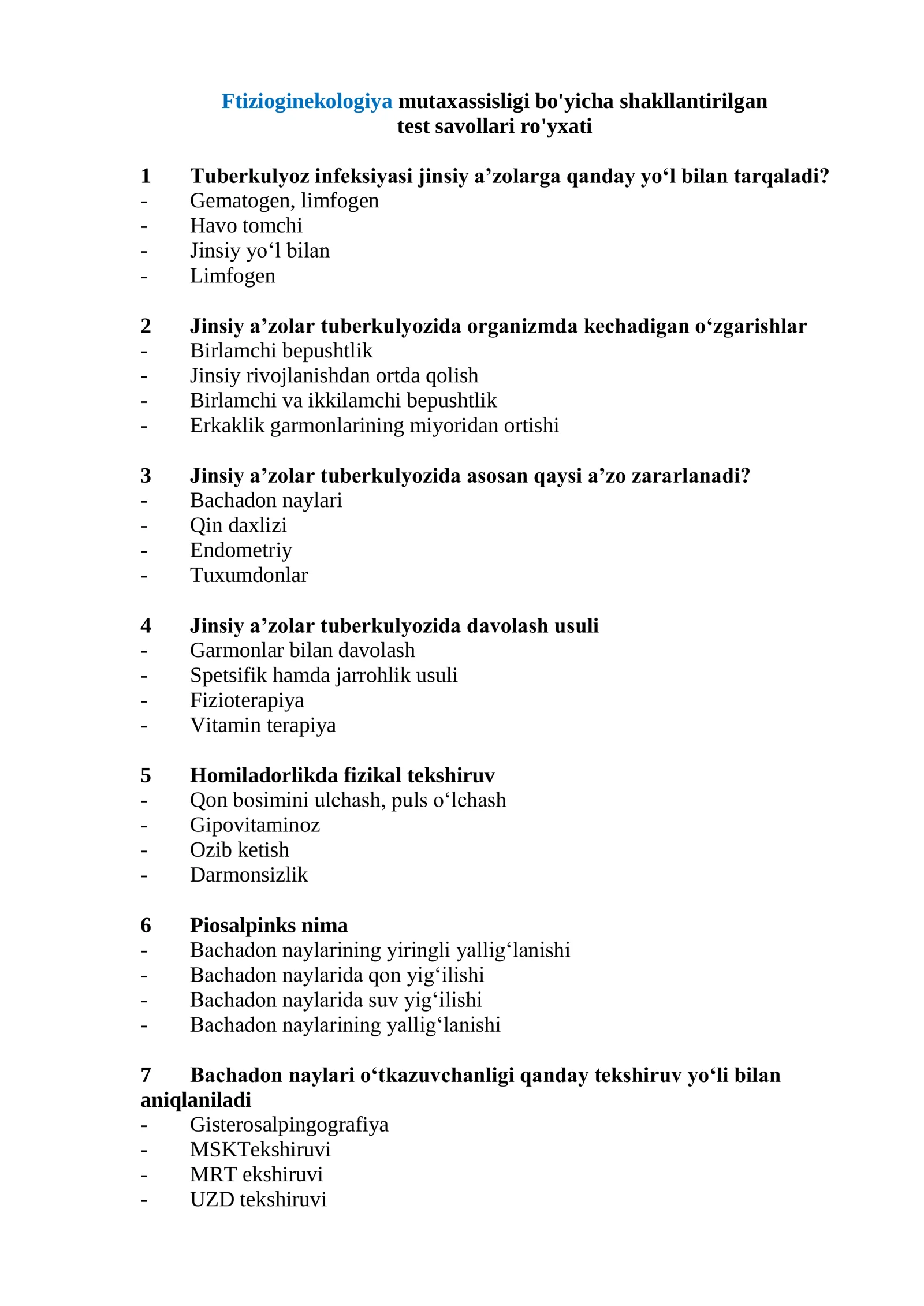 Ftizioginekologiya mutaxassisligi bo'yicha shakllantirilgan test savollari ro'yxati 2026