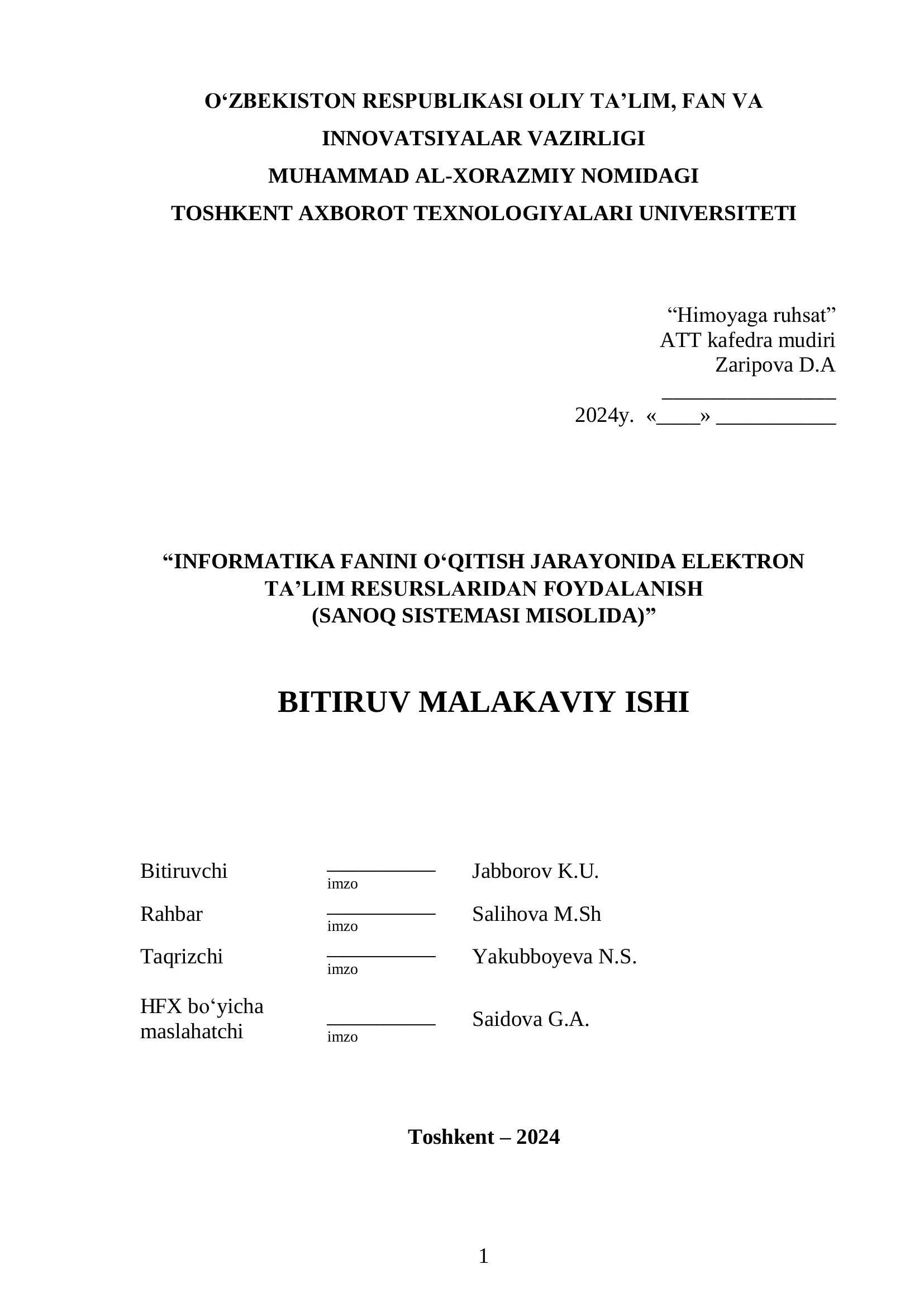 Informatika Fanini O‘qitish Jarayonida Elektron Ta‘lim Resurslaridan Foydalanish Diplom ishi
