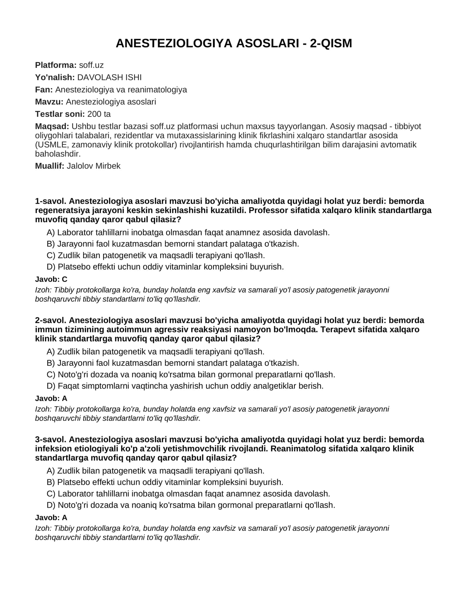ANESTEZIOLOGIYA ASOSLARI - 2-QISM