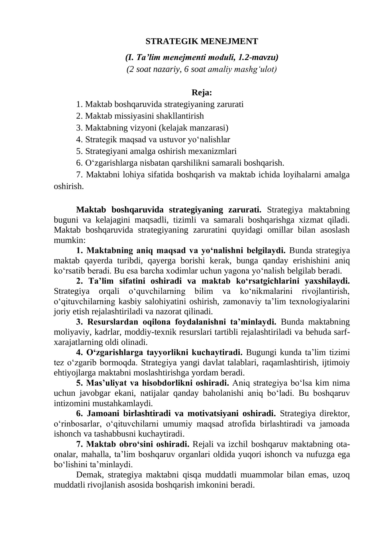 Menejerlik o'uv kursi tinglovchilari uchun  STRATEGIK MENEJMENT (I. Ta’lim menejmenti moduli, 1.2-mavzu)