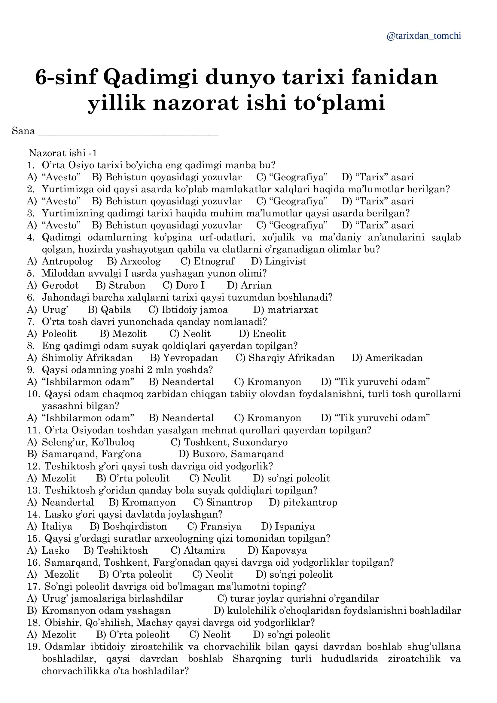 6-sinf Qadimgi dunyo tarixi fanidan yillik nazorat ishi to‘plami