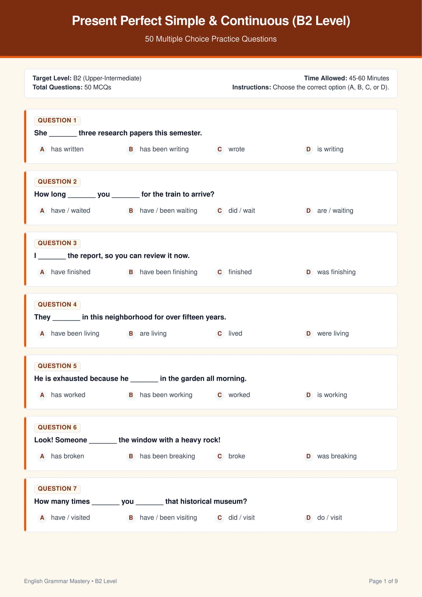 Present Perfect Simple & Present Perfect Continuous (B2 Level) — 50 Ta Test