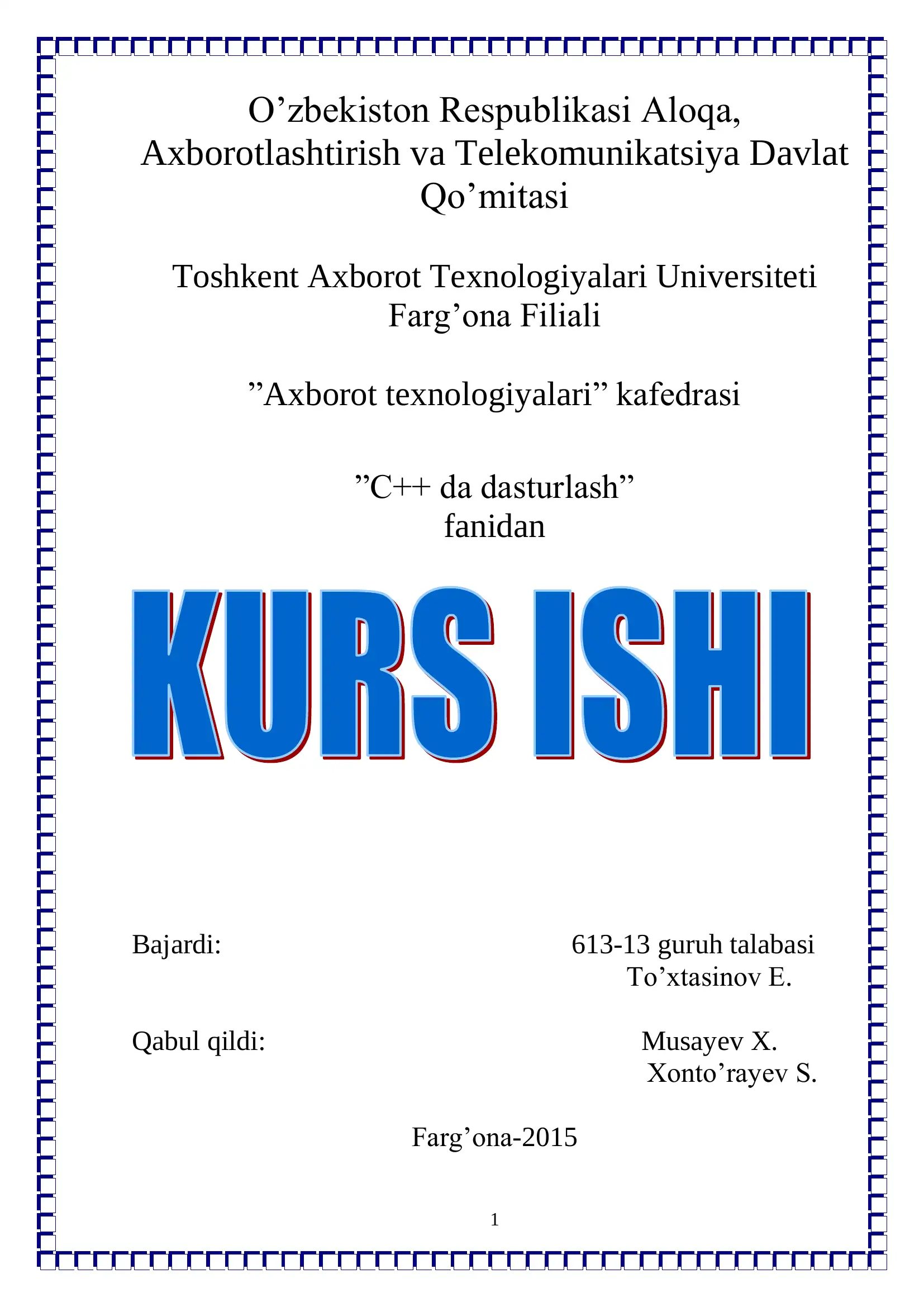 N tartibli chiziqli algebraic tenglamalar sisremasini(Chats) yechimini topish dasturini tuzish