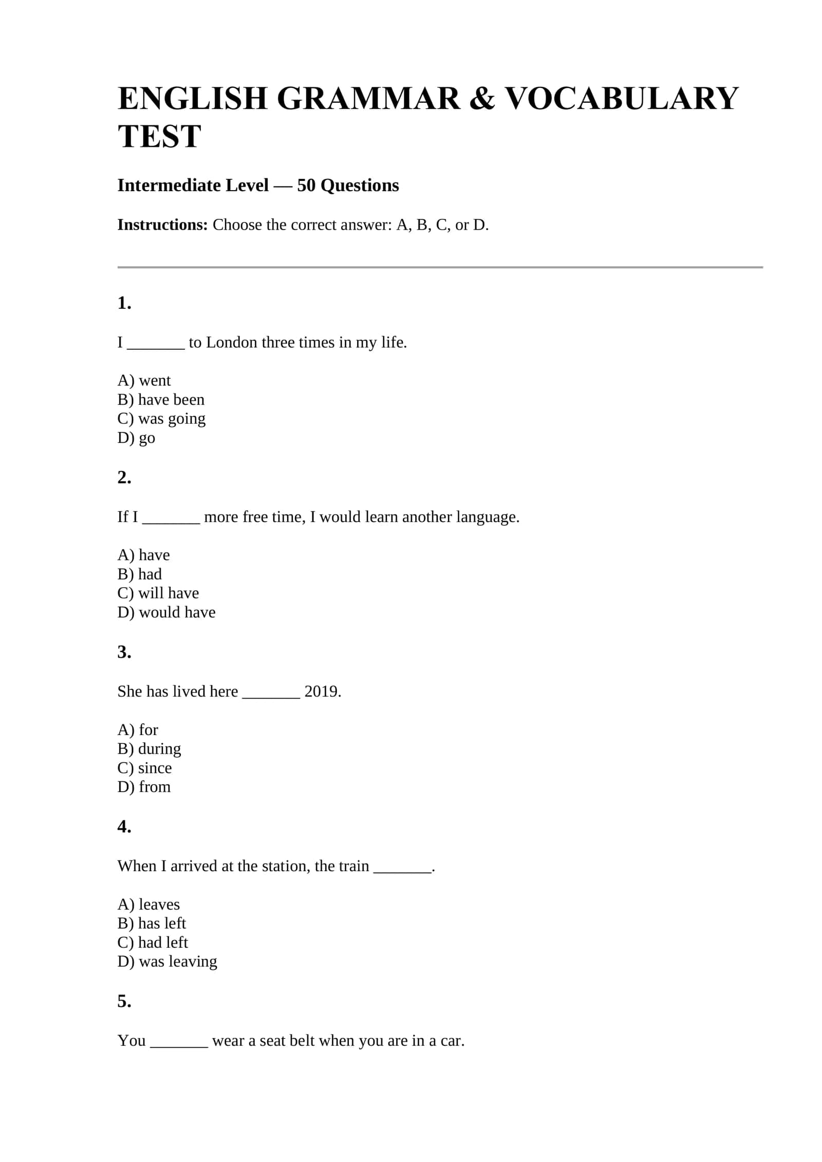 “English Grammar & Vocabulary Test — 50 ta Intermediate darajadagi test”