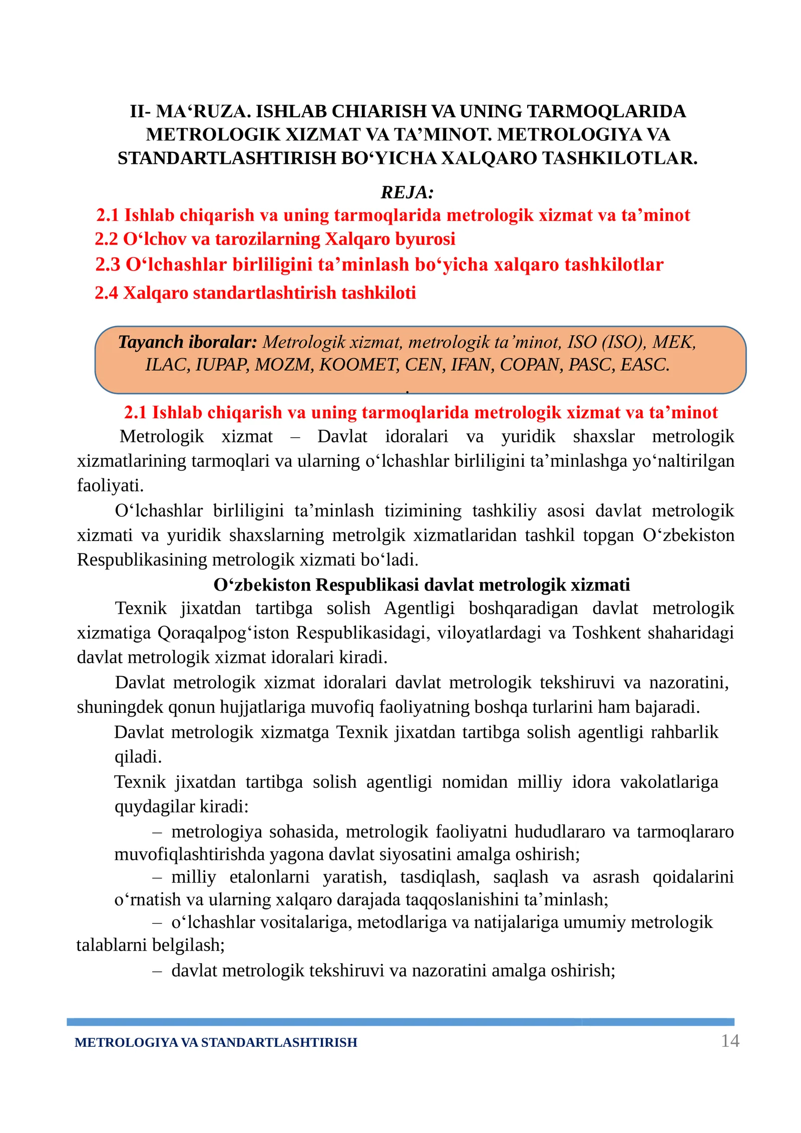METROLOGIYA VA STANDARTLASHTIRISH