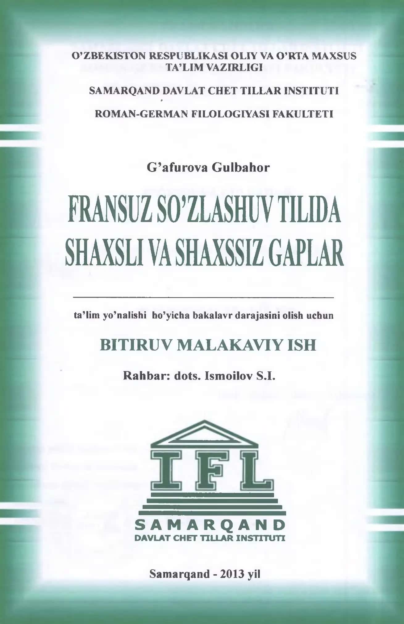 FRANSUZ SO’ZLASHUV TILIDA SHAXSLI VA SHAXSSIZ GAPLAR