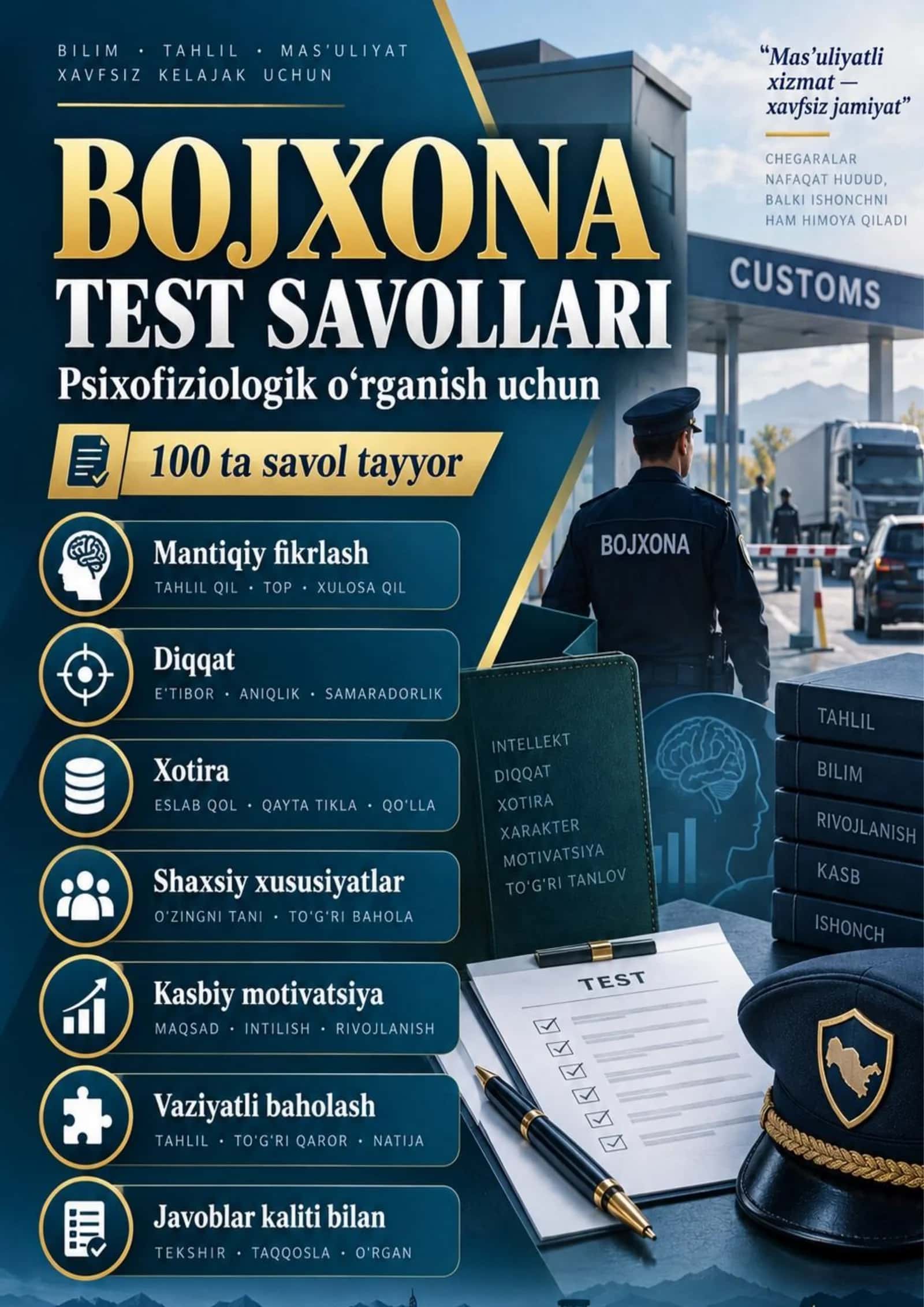 Bojxona xizmatiga tayyorgarlik: 100 ta psixologik va psixofiziologik test savoli (javoblar bilan)