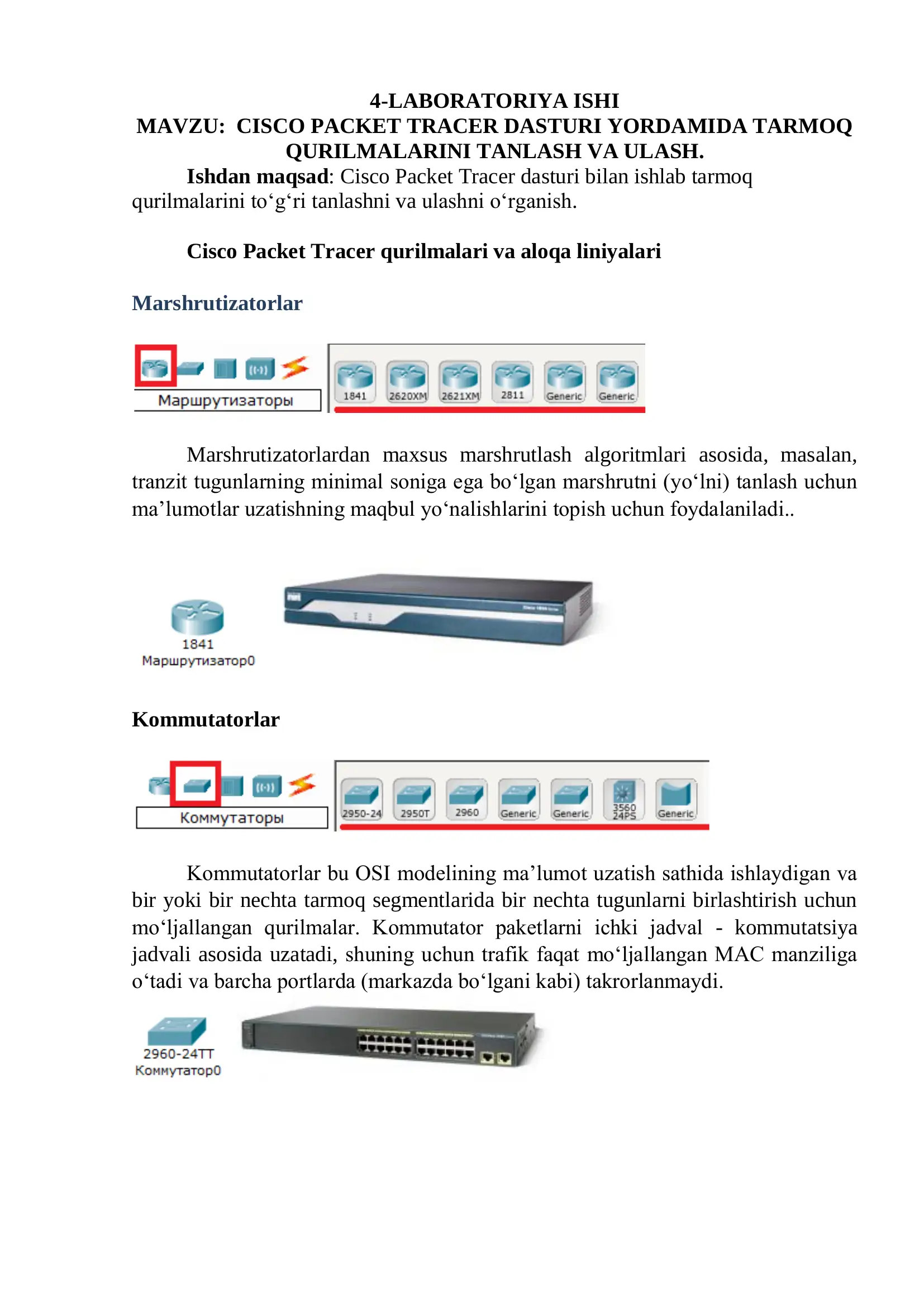 CISCO PACKET TRACER DASTURI YORDAMIDA TARMOQ QURILMALARINI TANLASH VA ULASH