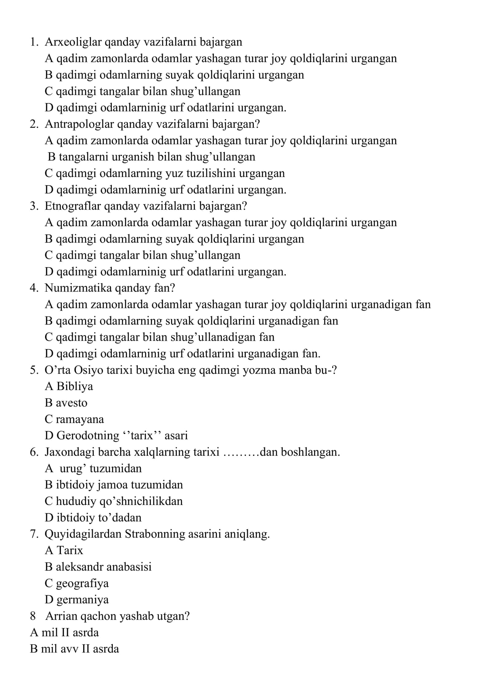 Tarix 6-sinf testlar