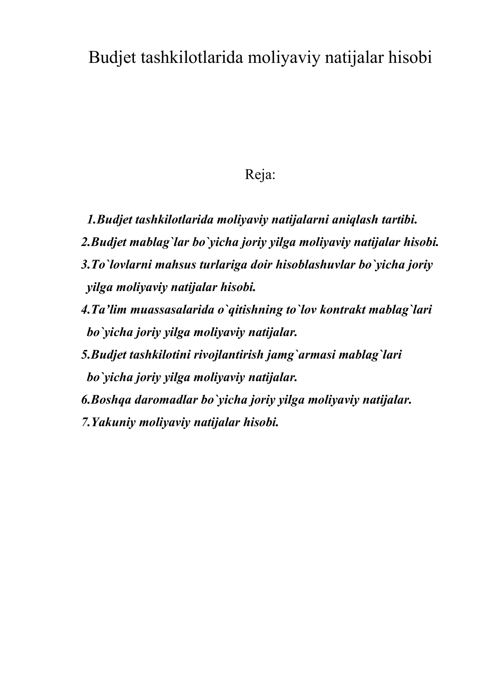 Budjet tashkilotlarida moliyaviy natijalar hisobi