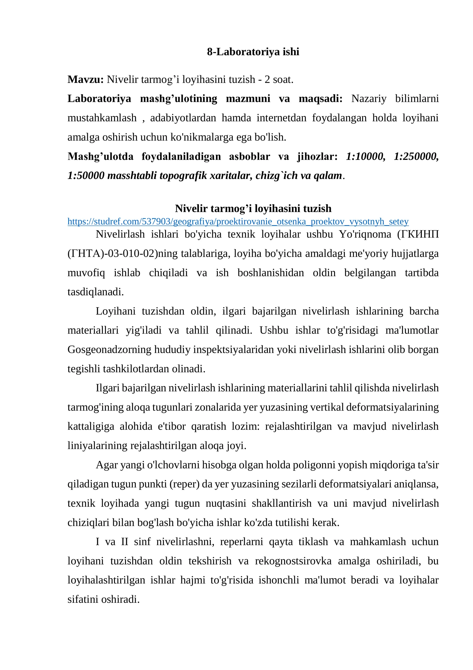 Nivelir tarmog’i loyihasini tuzish