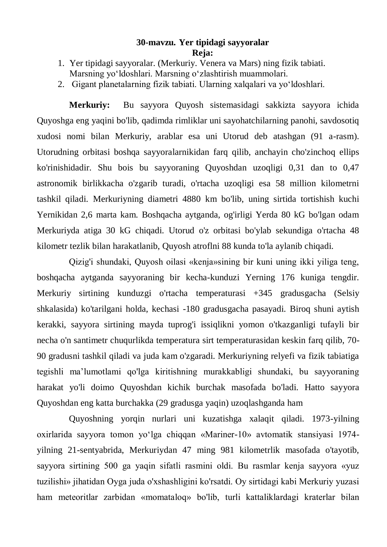 30-mavzu. Yer tipidagi sayyoralar