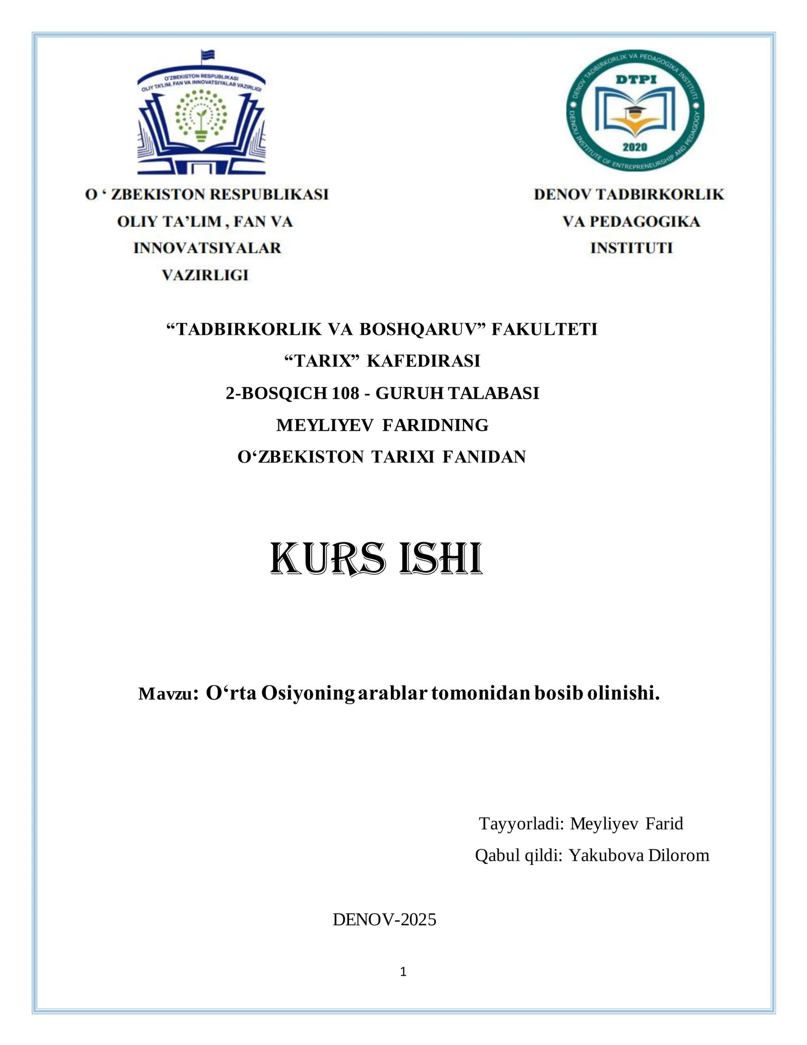 O‘ZBEKISTON TARIXIDAN KURS ISHI