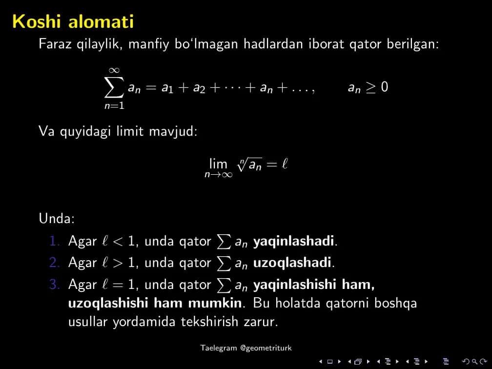 qator yaqinlashishing koshi alomati
