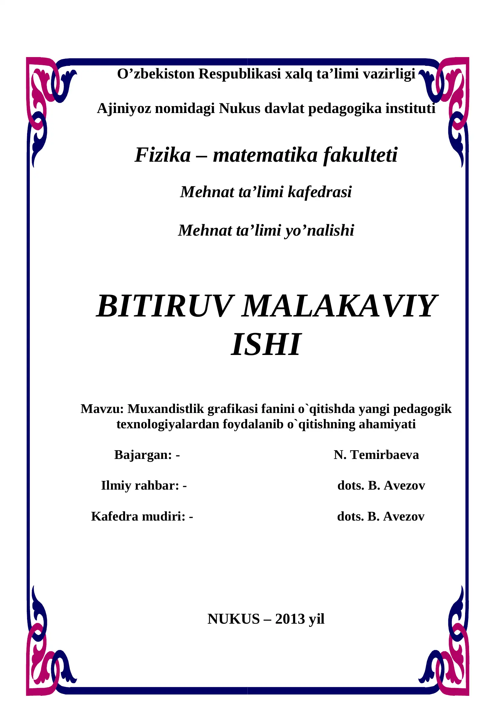 Mehmat ta'limi kafedrasi bitiruv malakaviy ishi