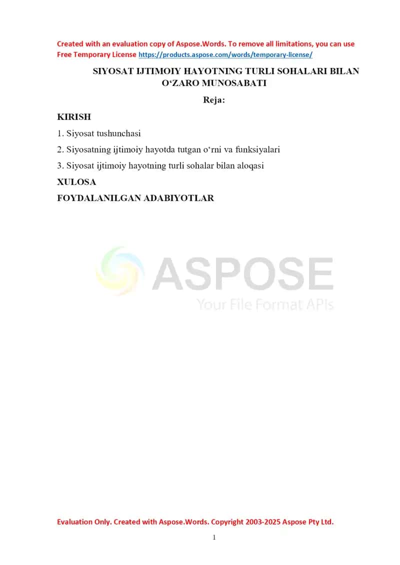 Referat+test «Siyosat ijtimoiy hayotning turli sohalari bilan o‘zaro munosabati»