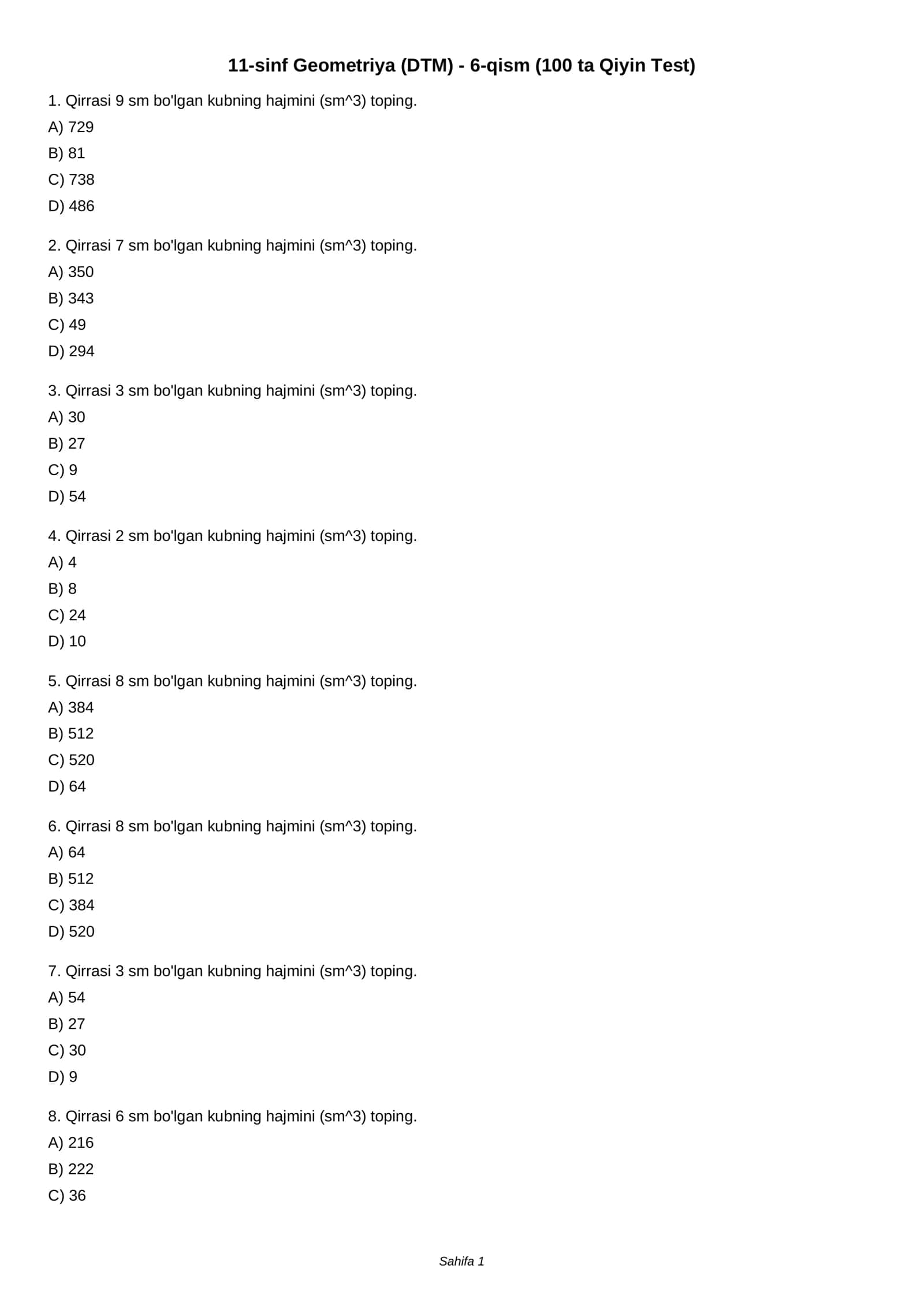11-sinf Geometriya (DTM) - 6-qism (100 ta Qiyin Test)