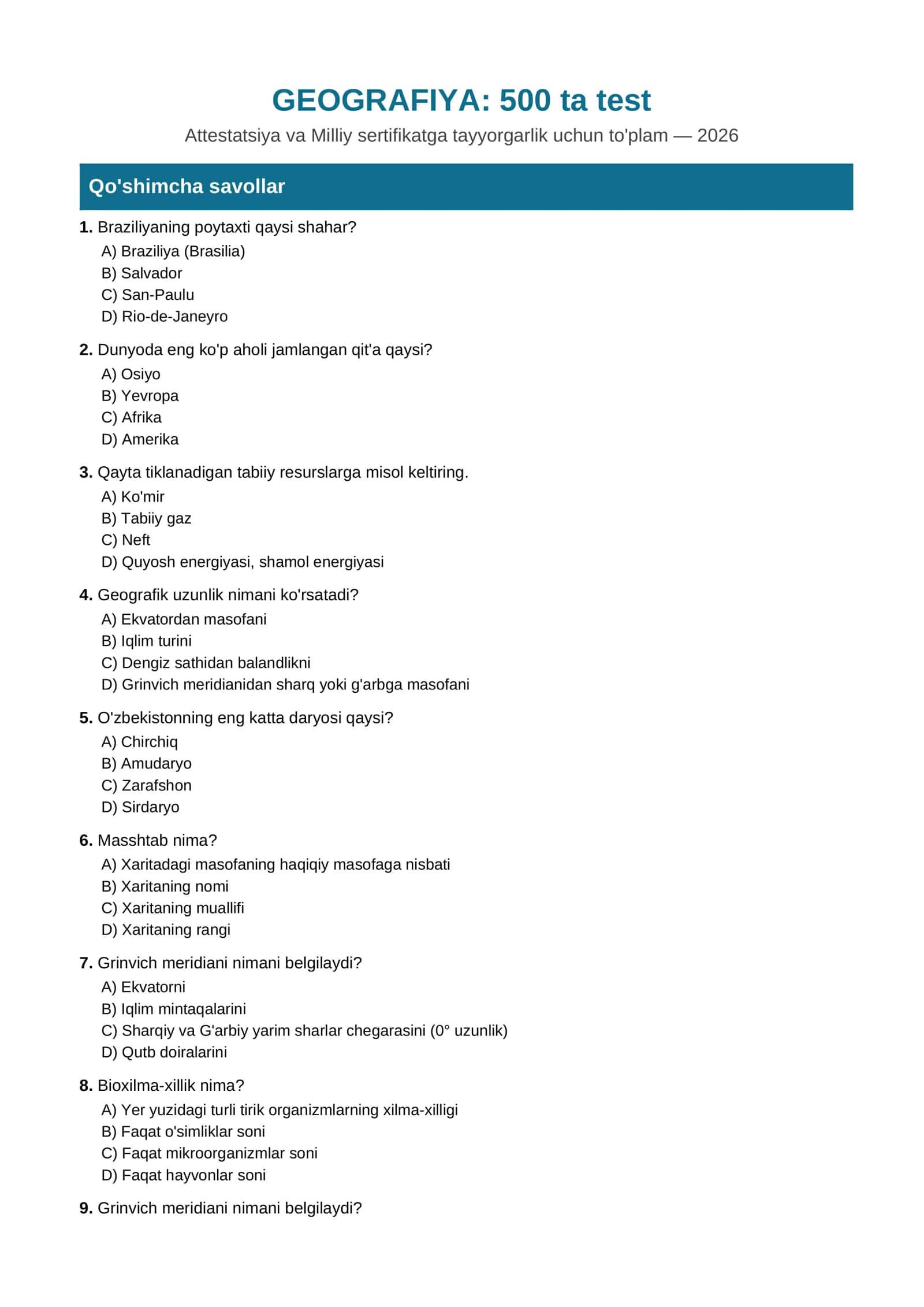 GEOGRAFIYA: 500 ta test