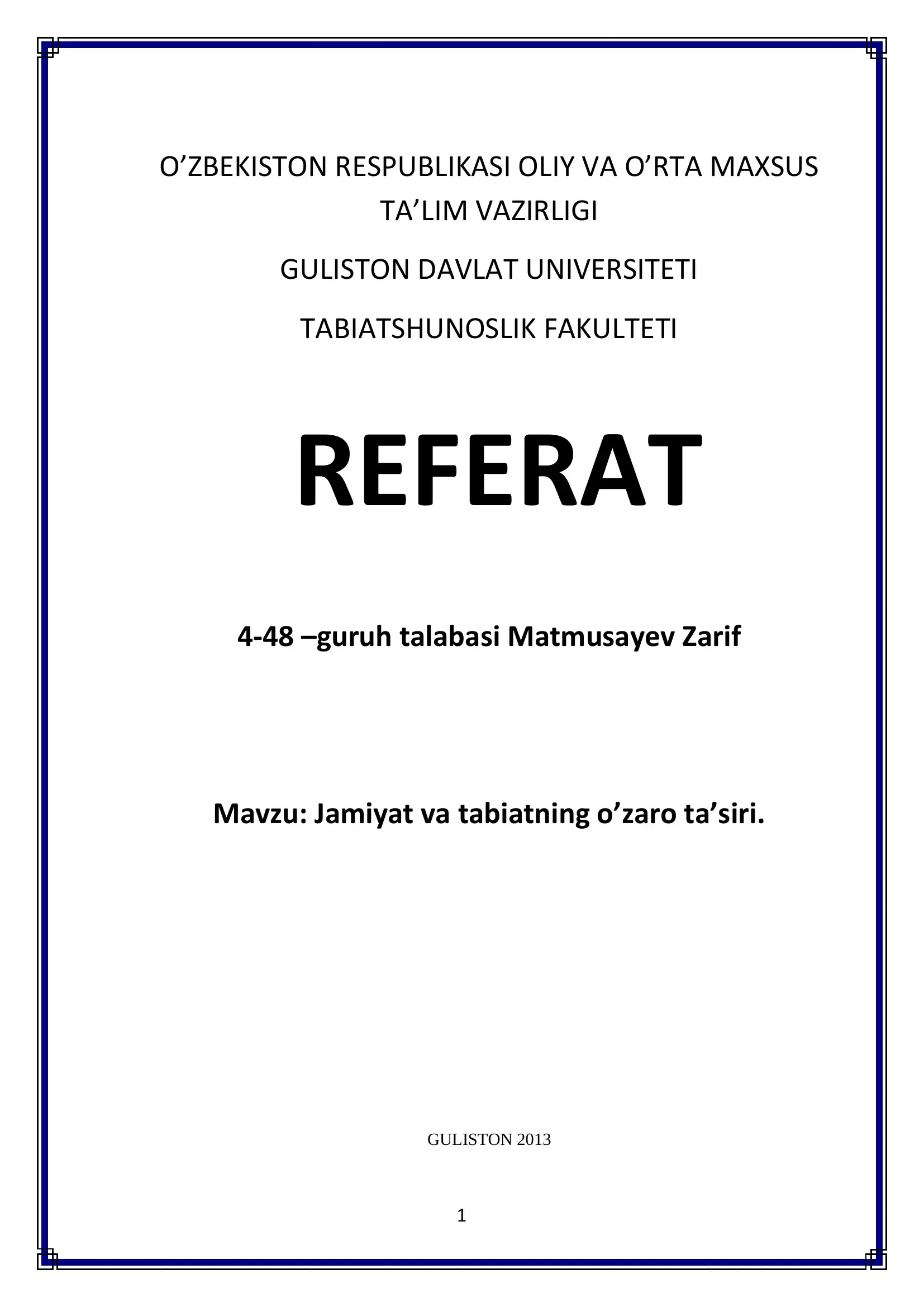 Jamiyat va tabiatning o’zaro ta’siri