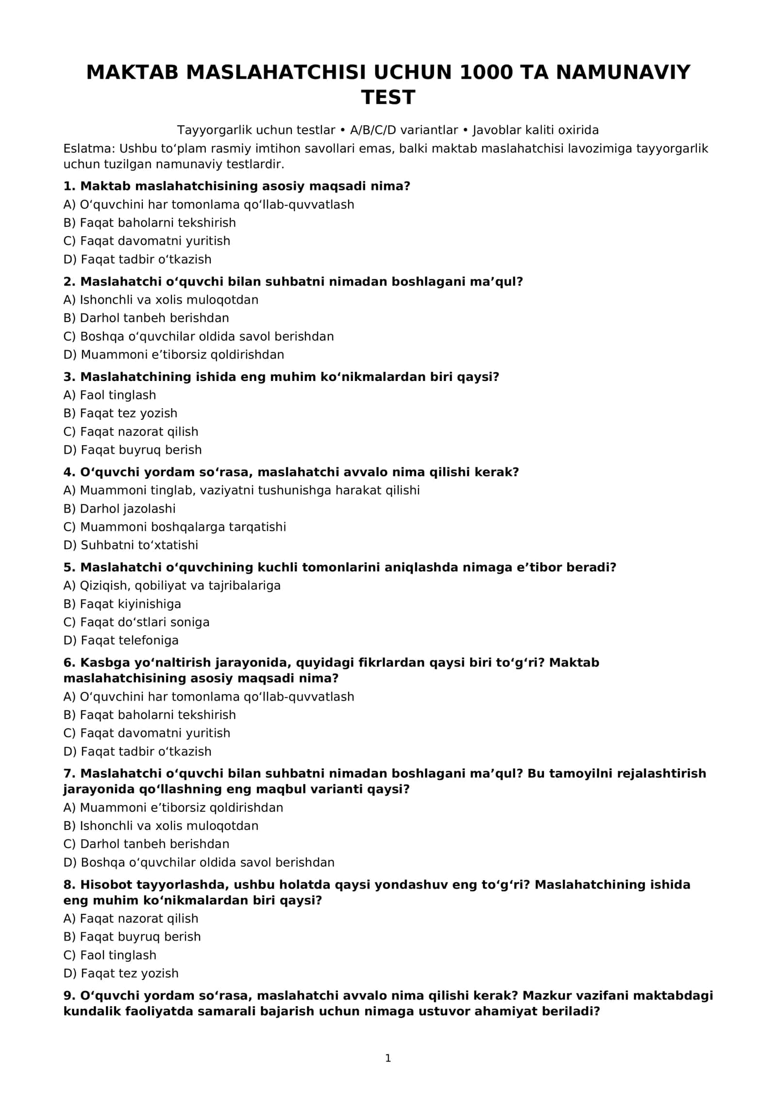 Maktab maslahatchisi uchun 1000 ta test