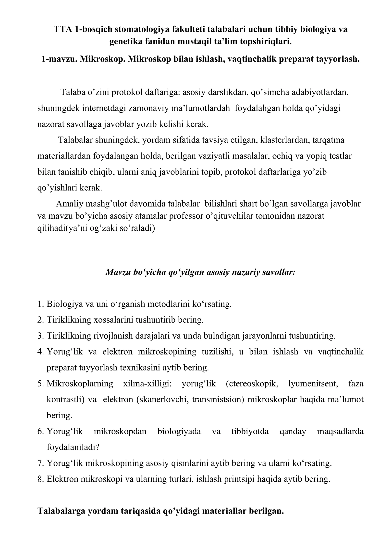 Tibbiy biologiya va genetika fanidan mustaqil ta’lim topshiriqlari