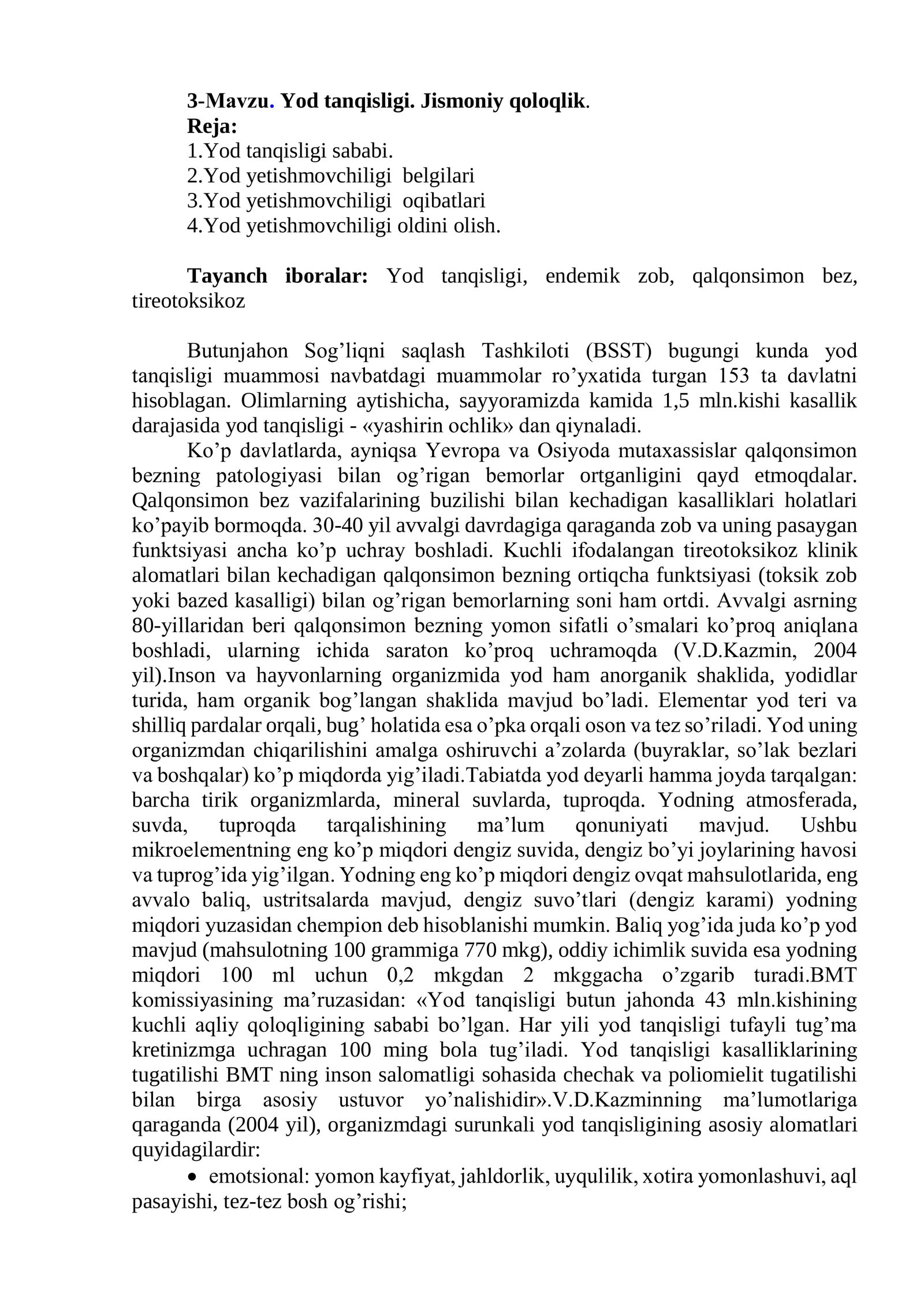 3-Мavzu. Yod tanqisligi. Jismoniy qoloqlik