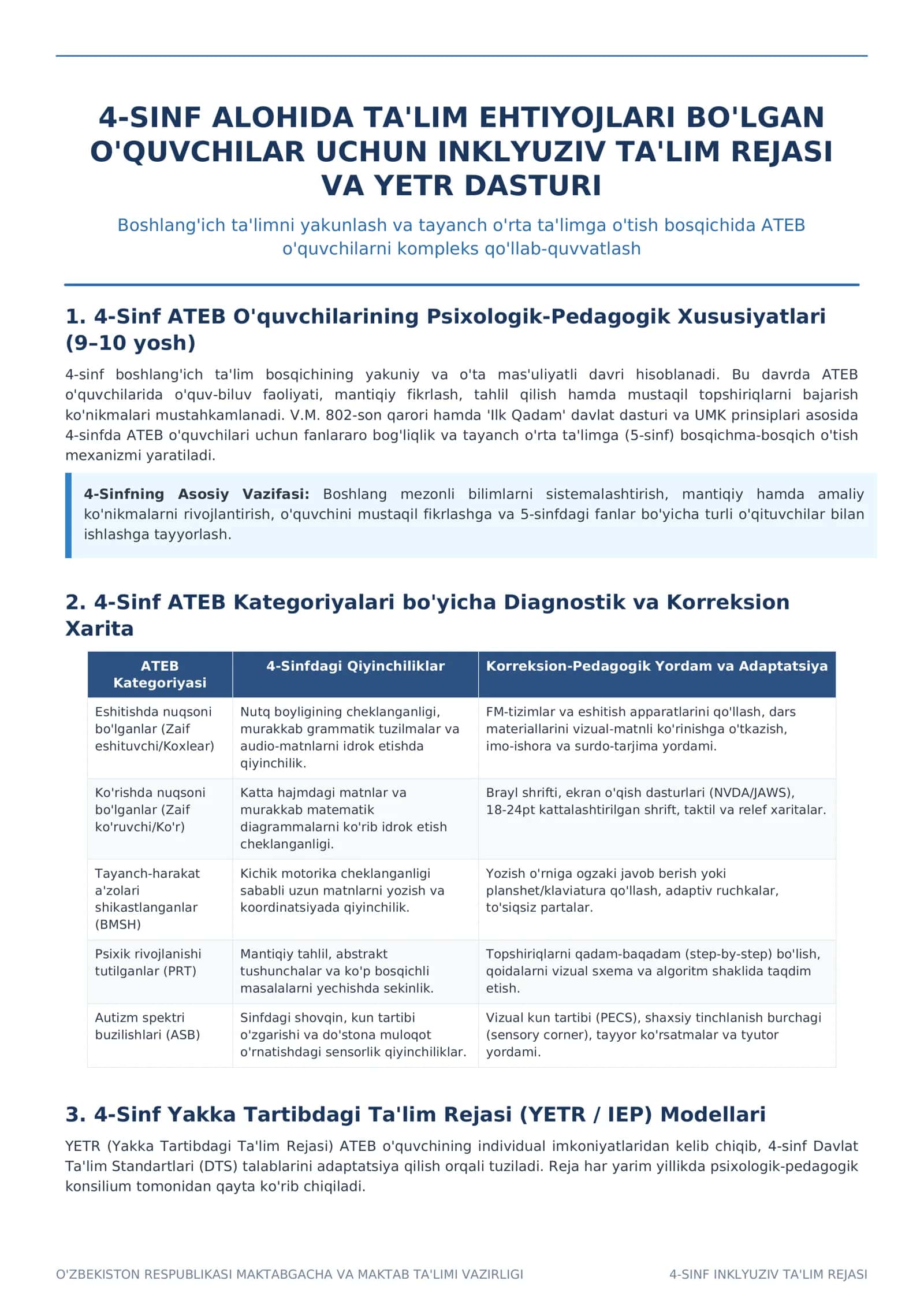 4-SINF ATEB O'quvchilarining Psixologik-Pedagogik Xususiyatlari