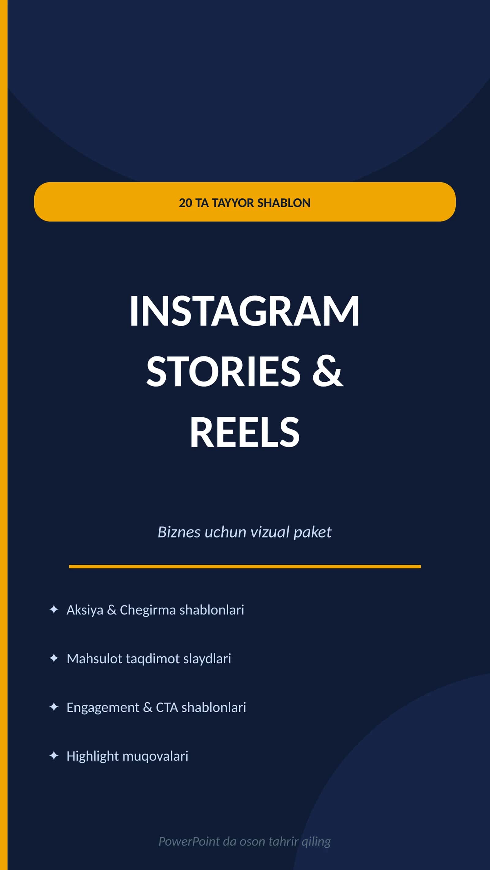 Instagram Stories & Reels Vizual Paketi — 20 ta Tayyor Shablon (Biznes uchun)