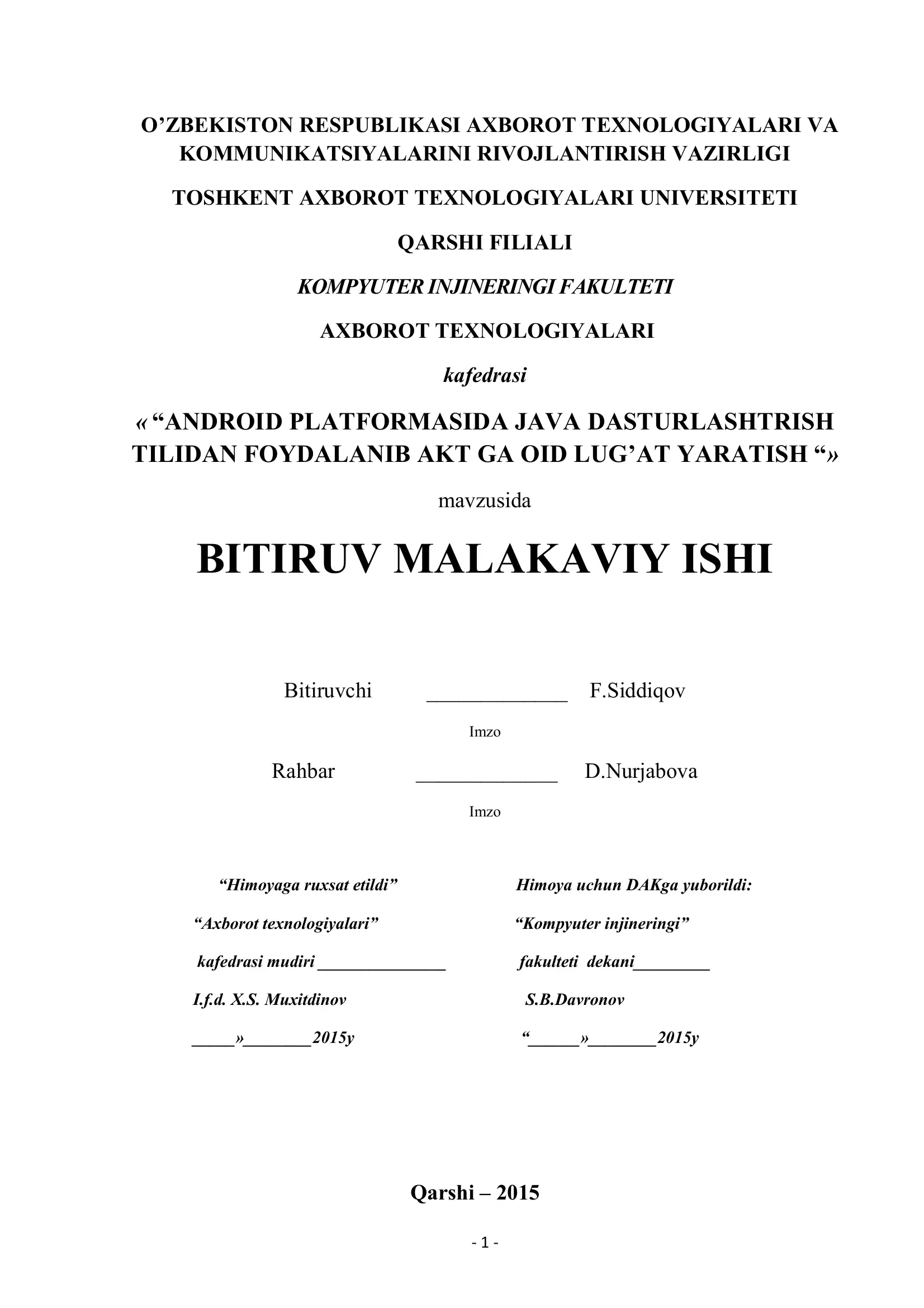 ANDROID PLATFORMASIDA JAVA DASTURLASHTRISH TILIDAN FOYDALANIB AKT GA OID LUG’AT YARATISH
