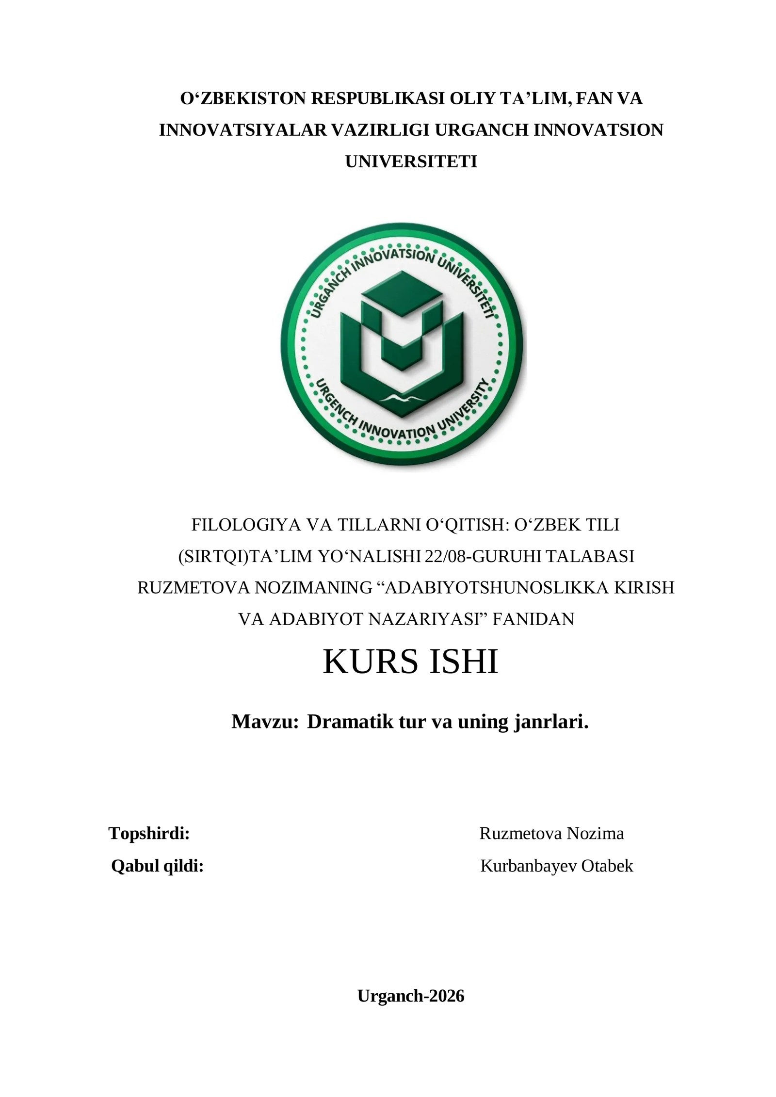 Adabiyotshunoslikka kirish va adabiyot nazariyasi