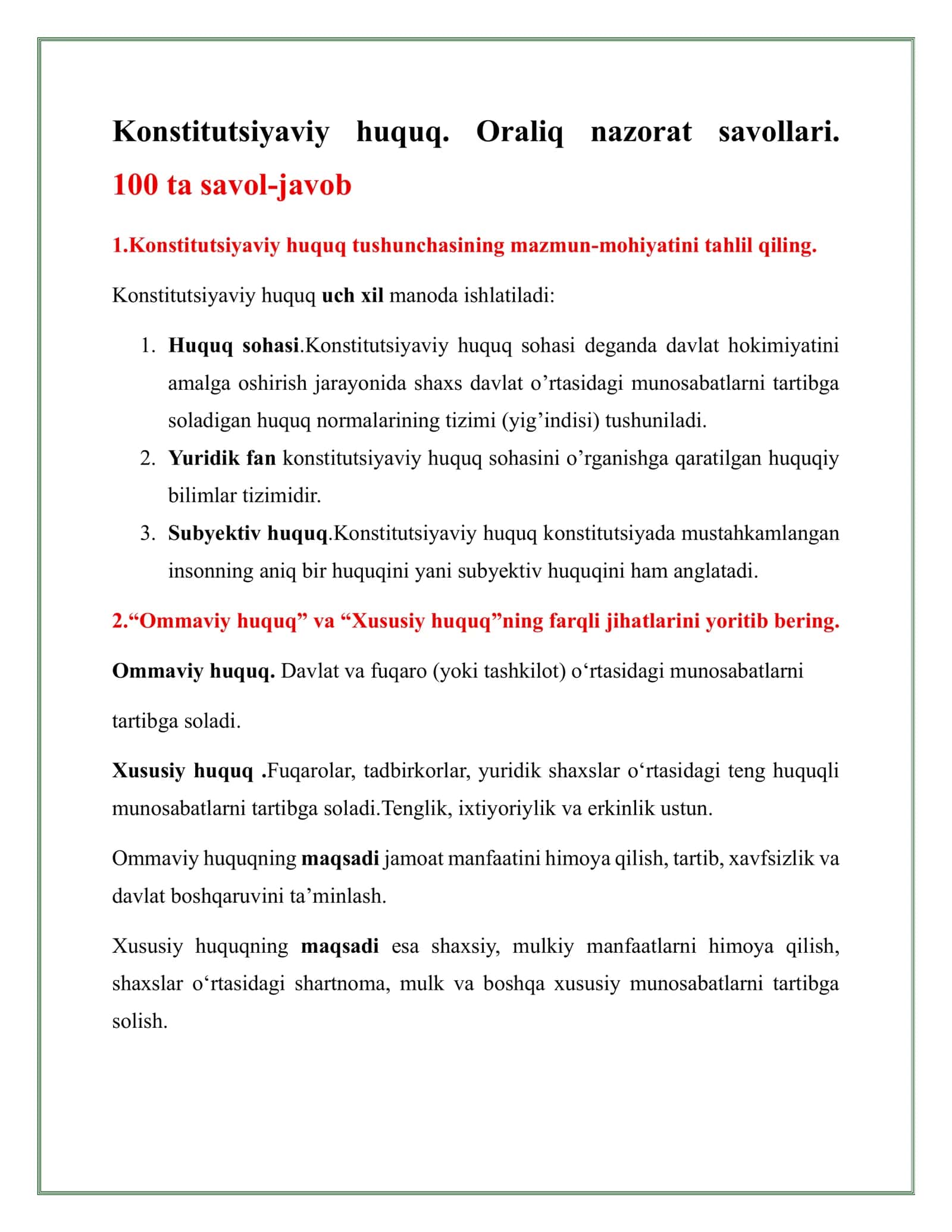 Konstitutsiyaviy huquq. Oraliq nazorat savollari