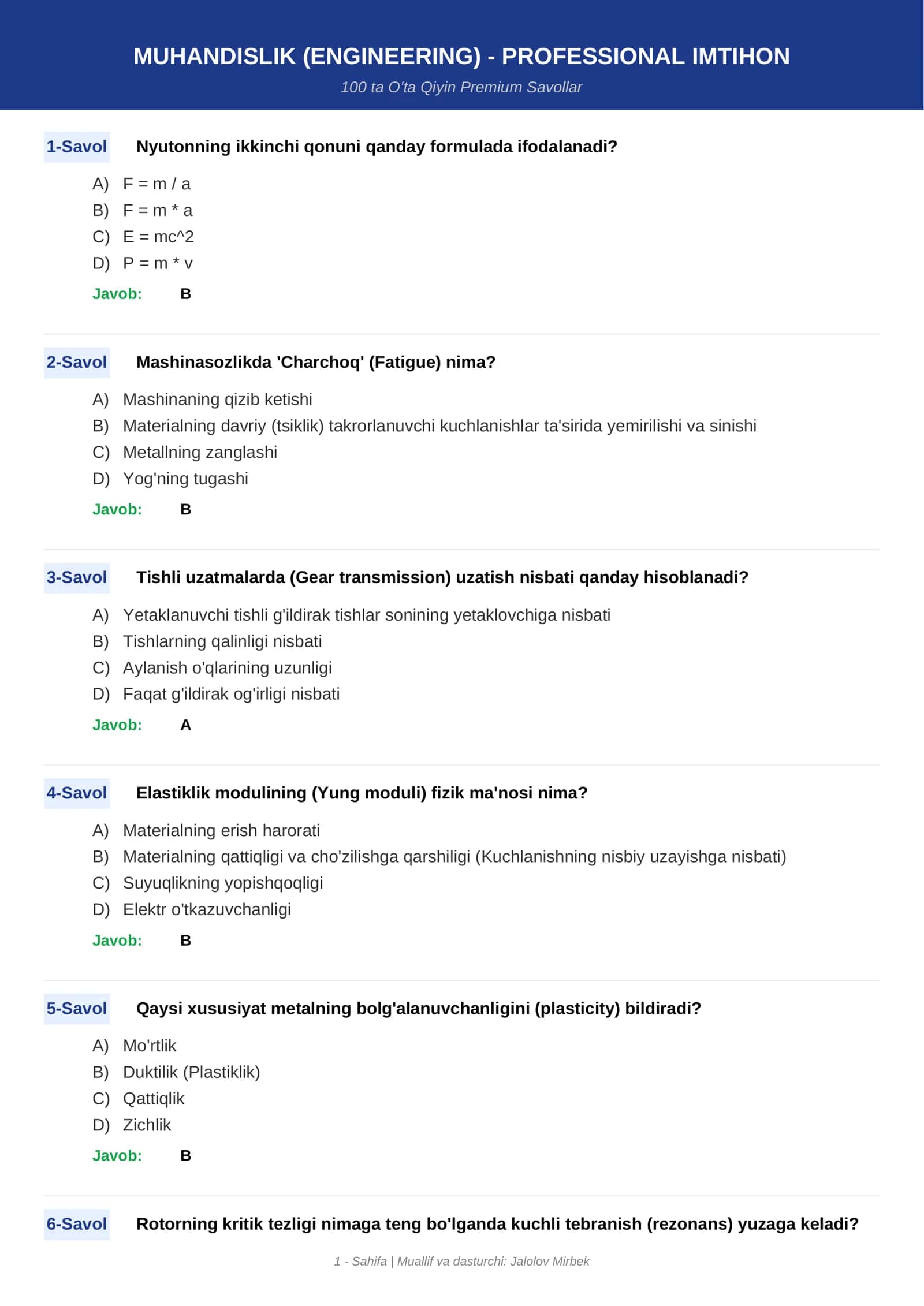 MUHANDISLIK (ENGINEERING) - PROFESSIONAL IMTIHON