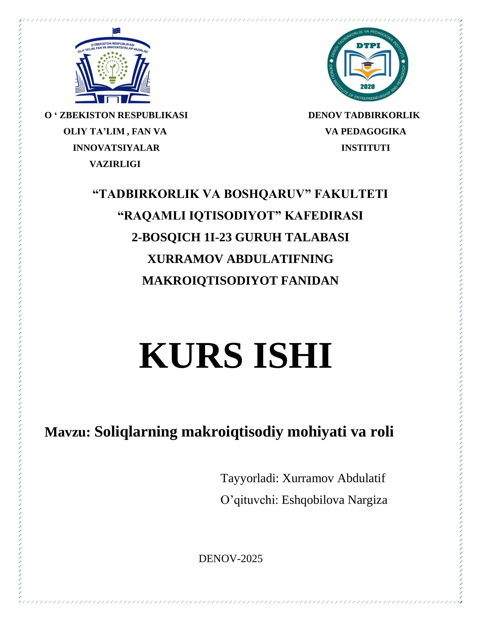 Soliqlarning makroiqtisodiy mohiyati va roli