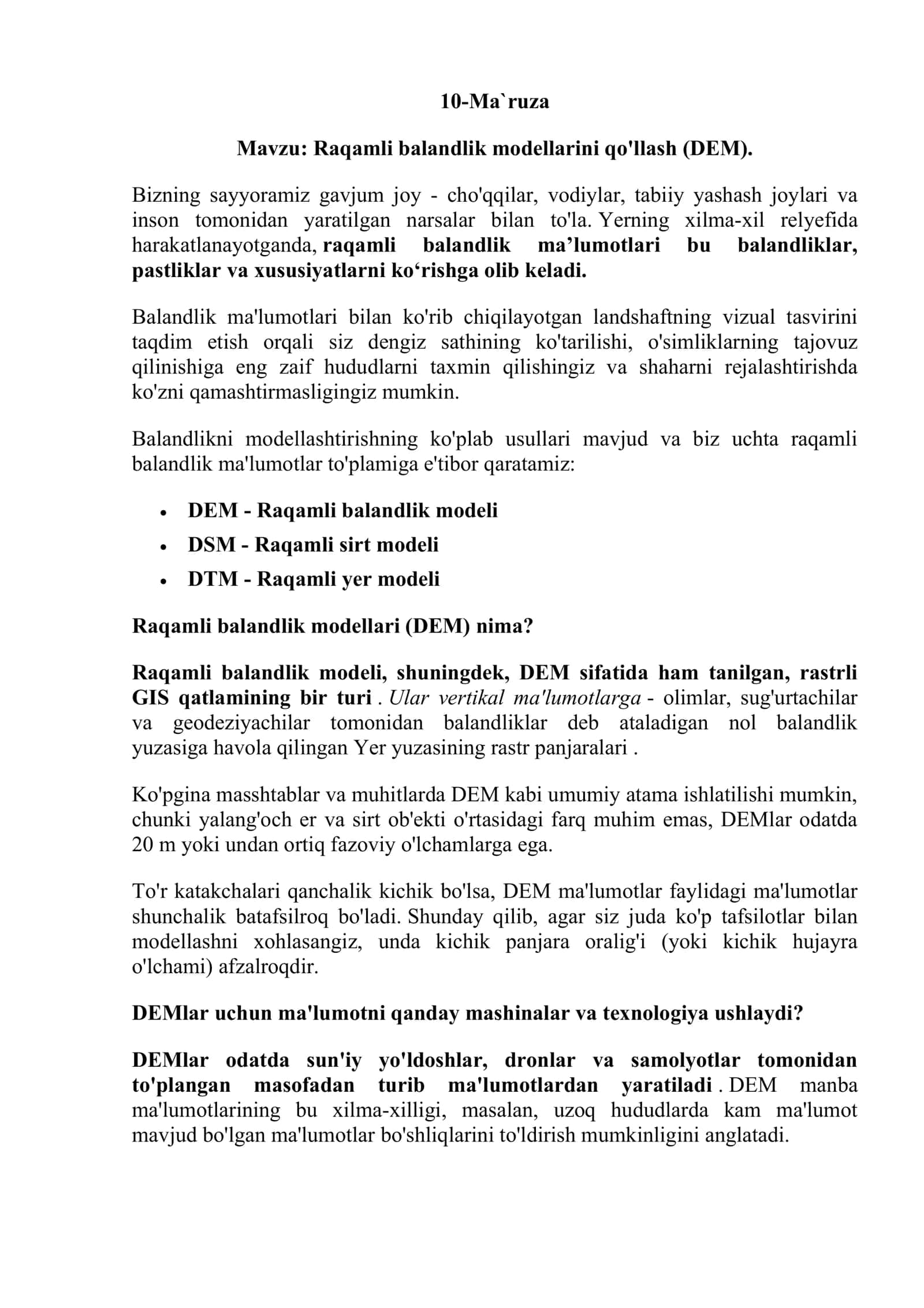Raqamli balandlik modellashtirishning usullari