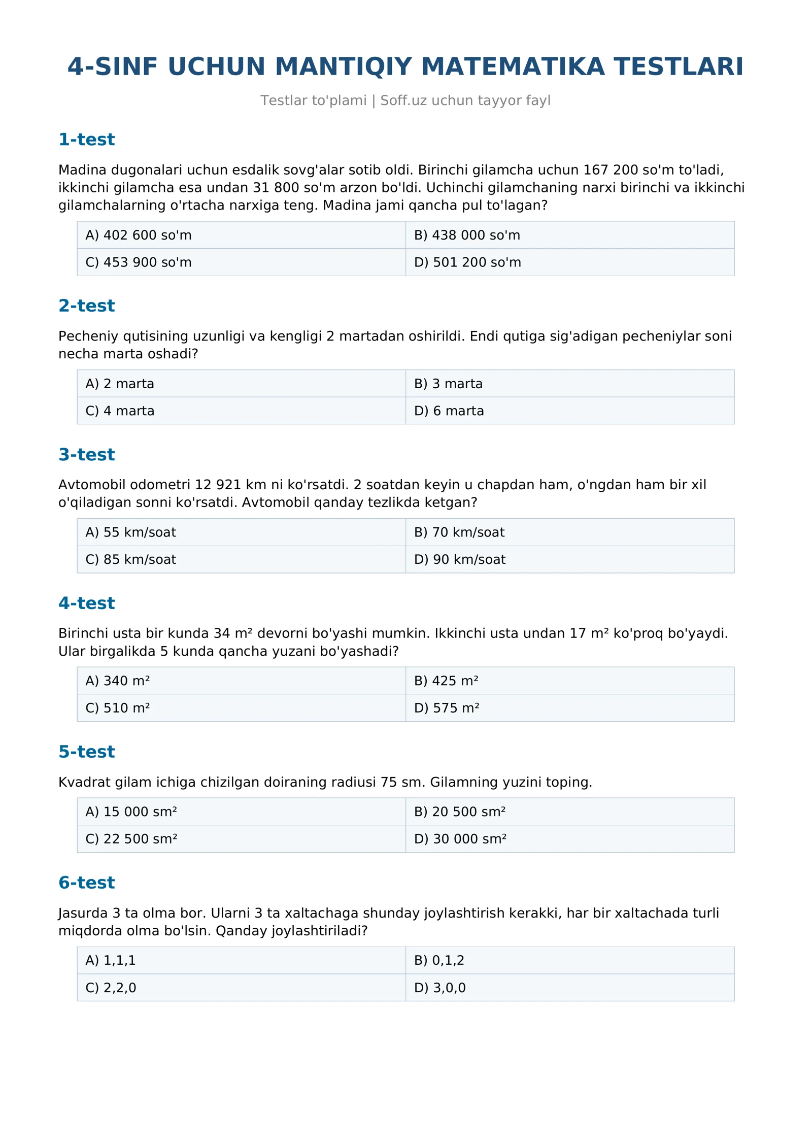 4-SINF UCHUN MANTIQIY MATEMATIKA TESTLARI