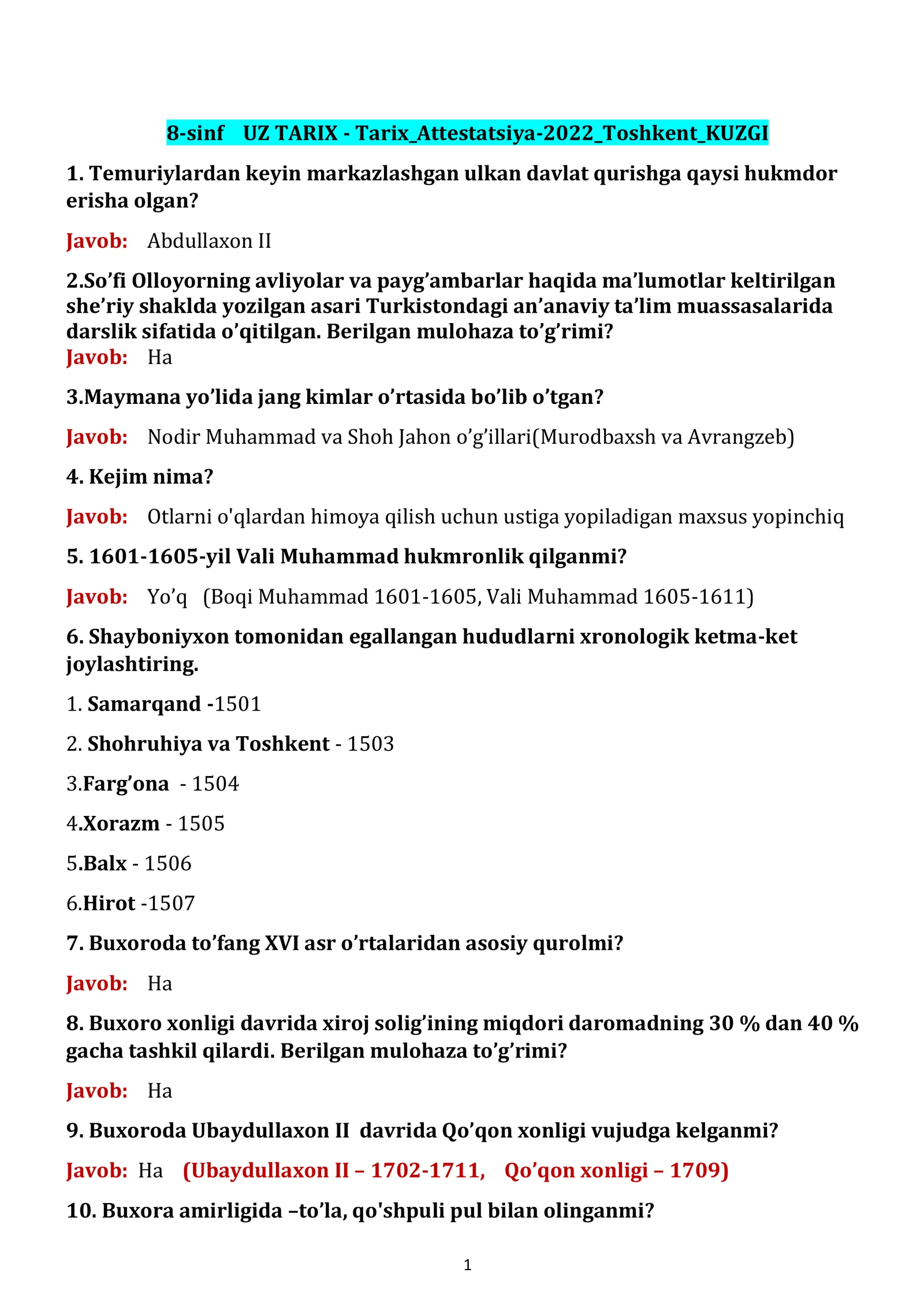 8-sinf UZ TARIX - Tarix_Attestatsiya-2022_Toshkent_KUZGI