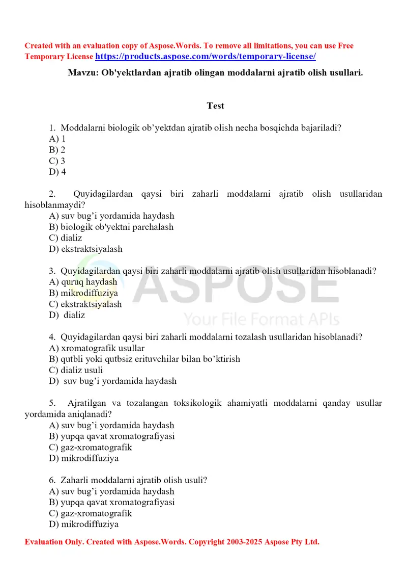 13. Ob'yektlardan ajratib olingan moddalarni ajratib olish usullari. Test, 10 ta.