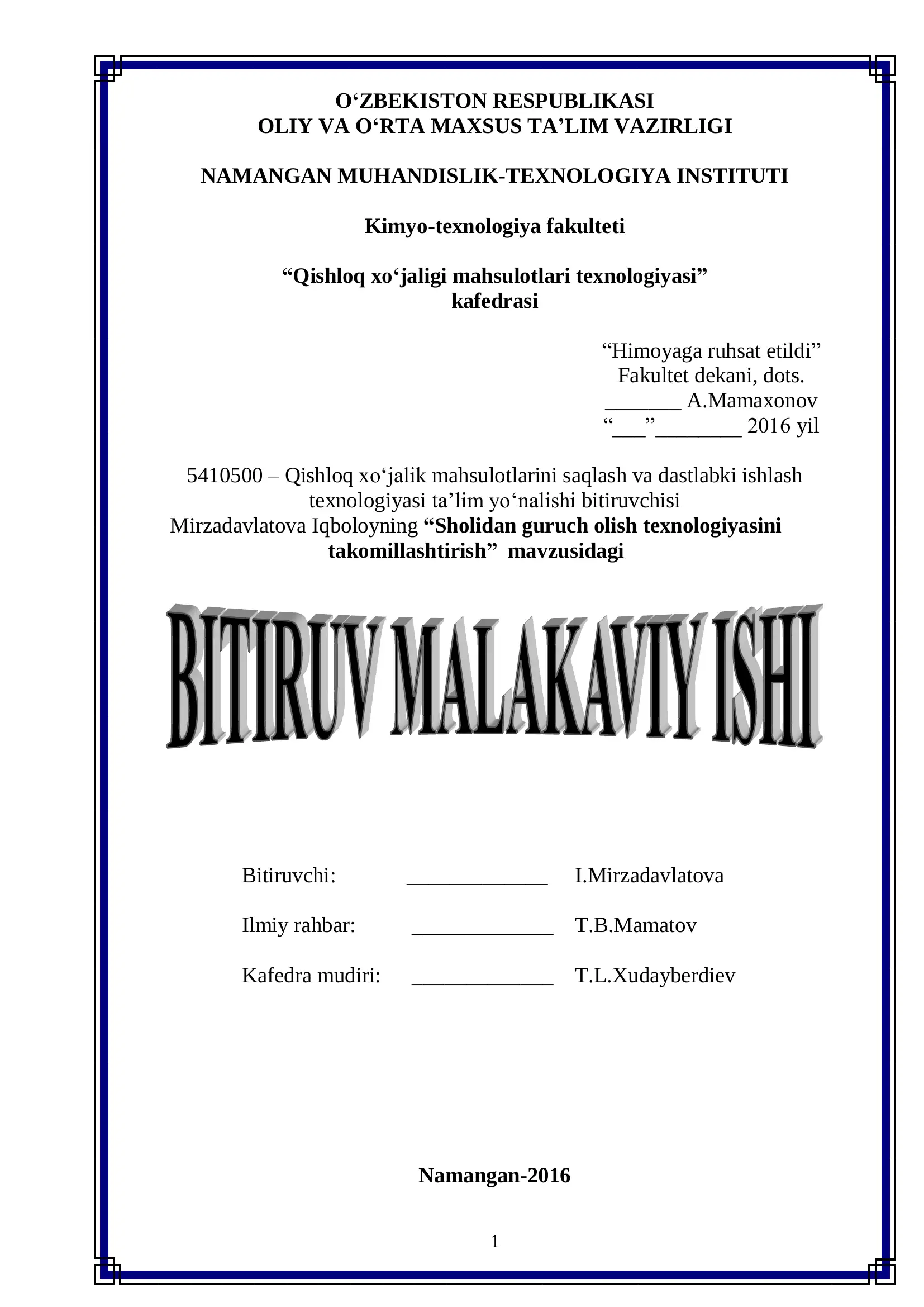 Qishloq xo‗jalik mahsulotlarini saqlash va dastlabki ishlash texnologiyasi ta‘lim yo‗nalishi bitiruvchisi