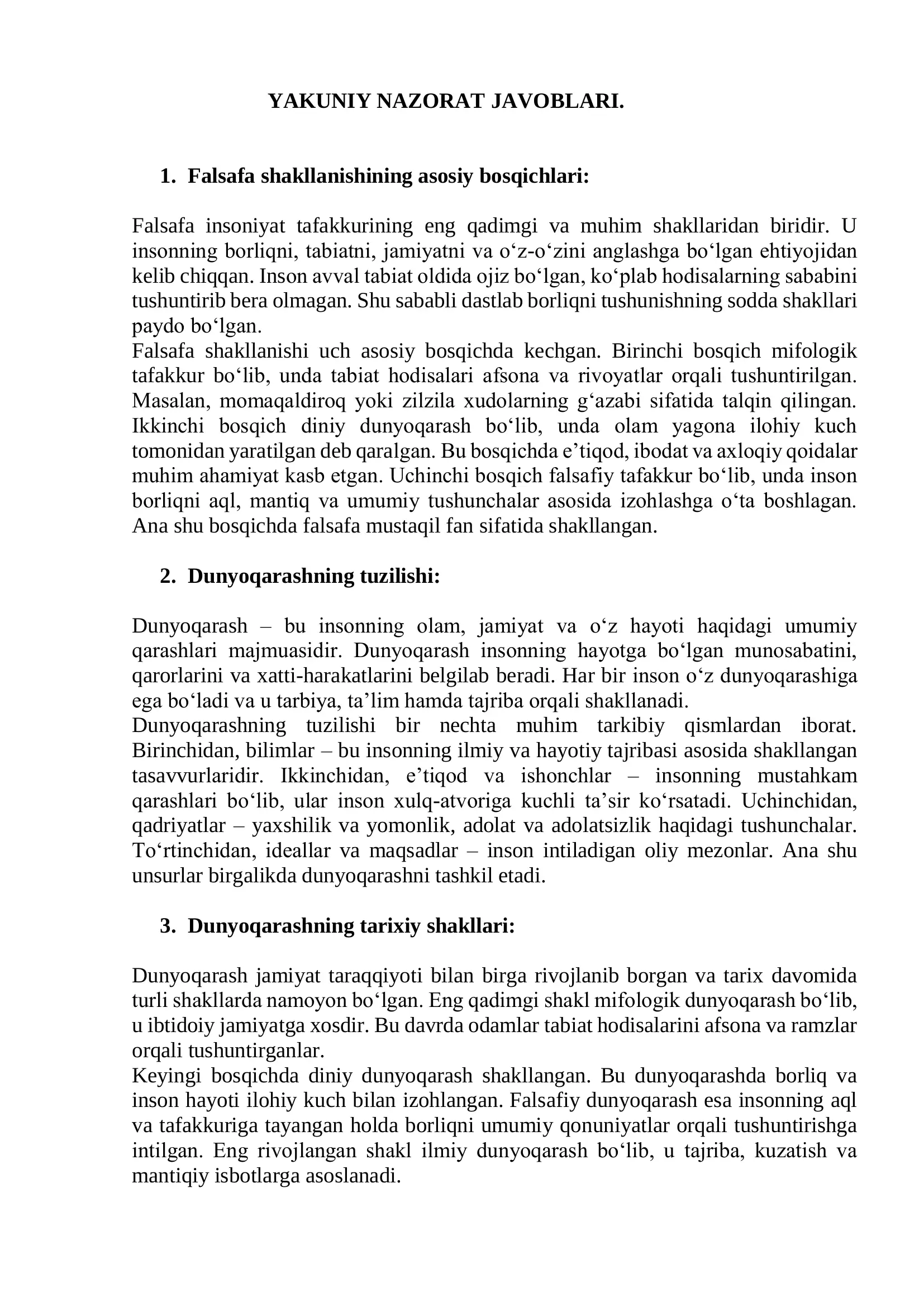 Falsafa fanidan Yakuniy javoblari.