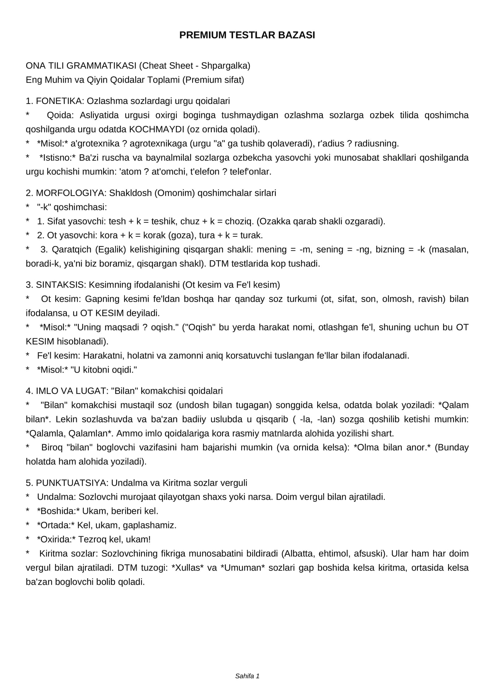 ONA TILI GRAMMATIKASI (Cheat Sheet - Shpargalka)