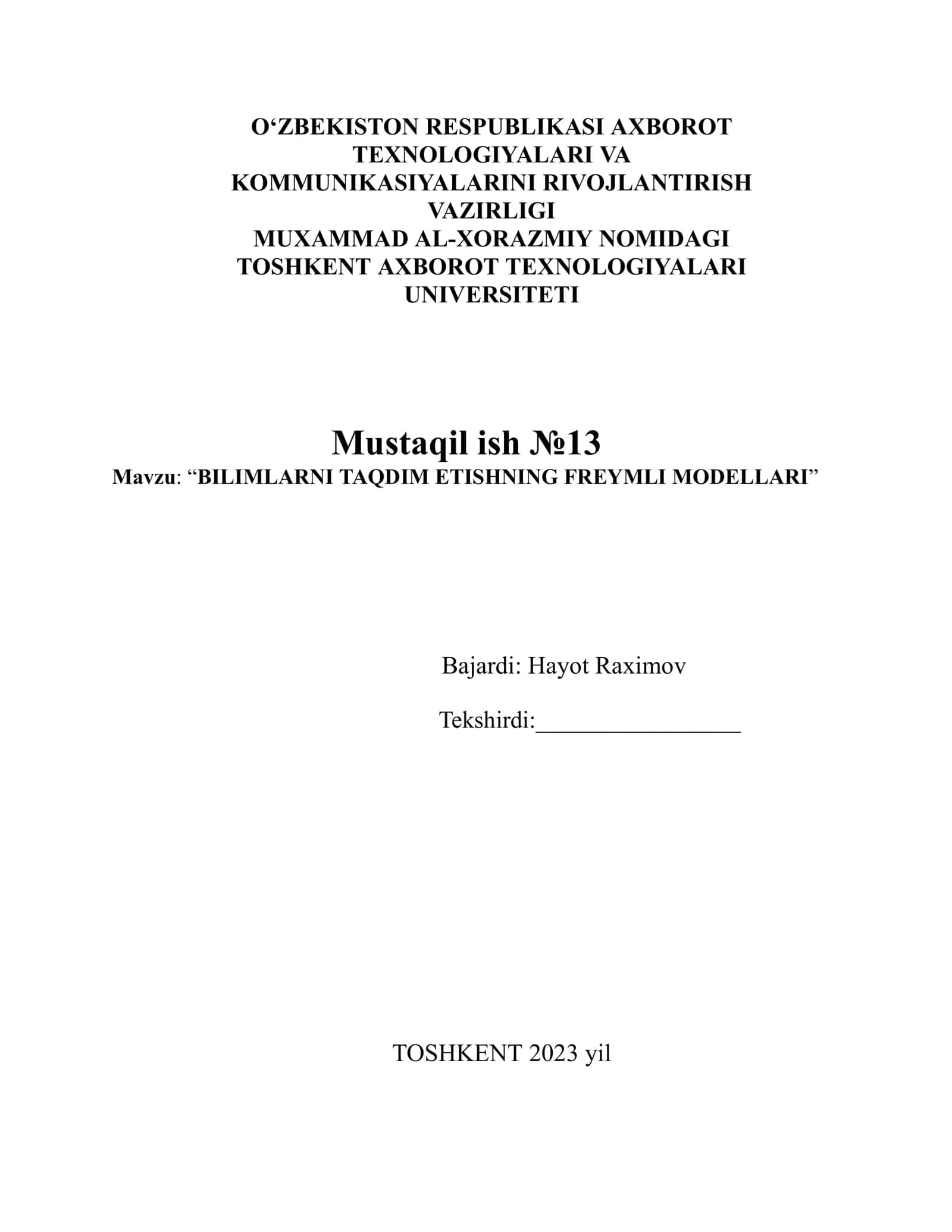 BILIMLARNI TAQDIM ETISHNING FREYMLI MODELLAR
