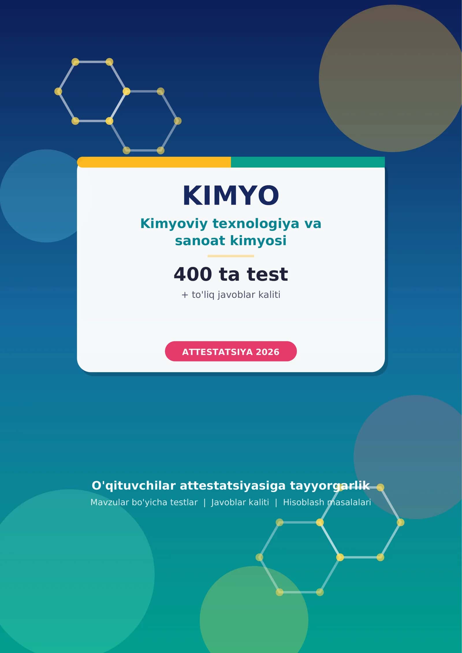 Kimyoviy texnologiya va sanoat kimyosi PDF tayyor: 400 ta test, javoblar kaliti bilan (Kimyoviy_texn