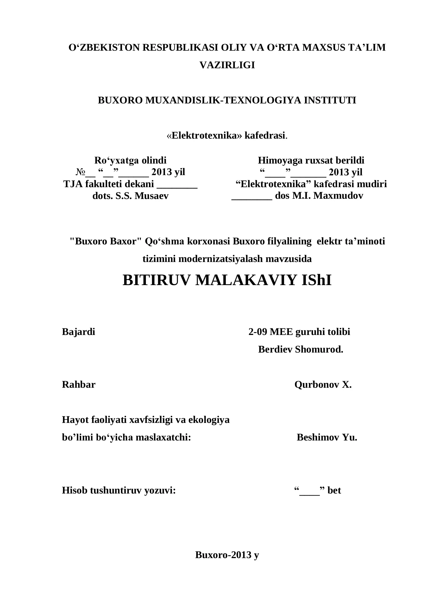 Modernizatsiyalash mavzusida BITIRUV MALAKAVIY IShI